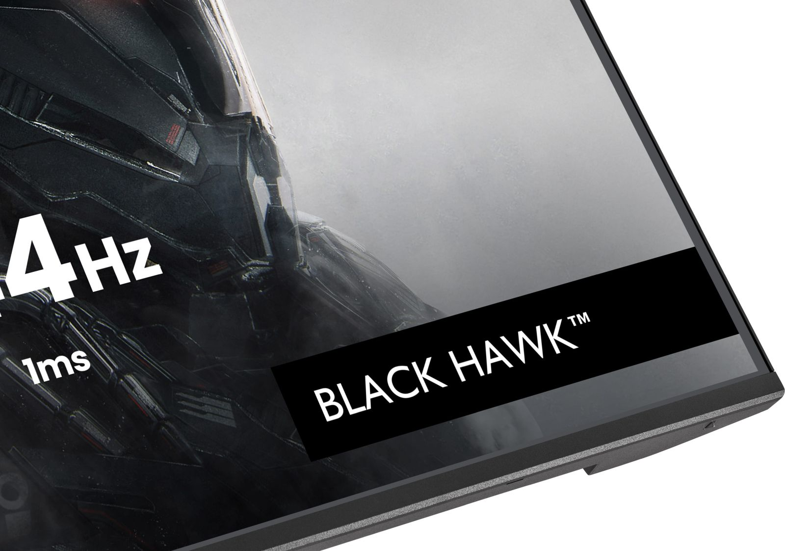 Zbliżenie czarnego, futurystycznego hełmu z napisem 'BLACK HAWK™'.