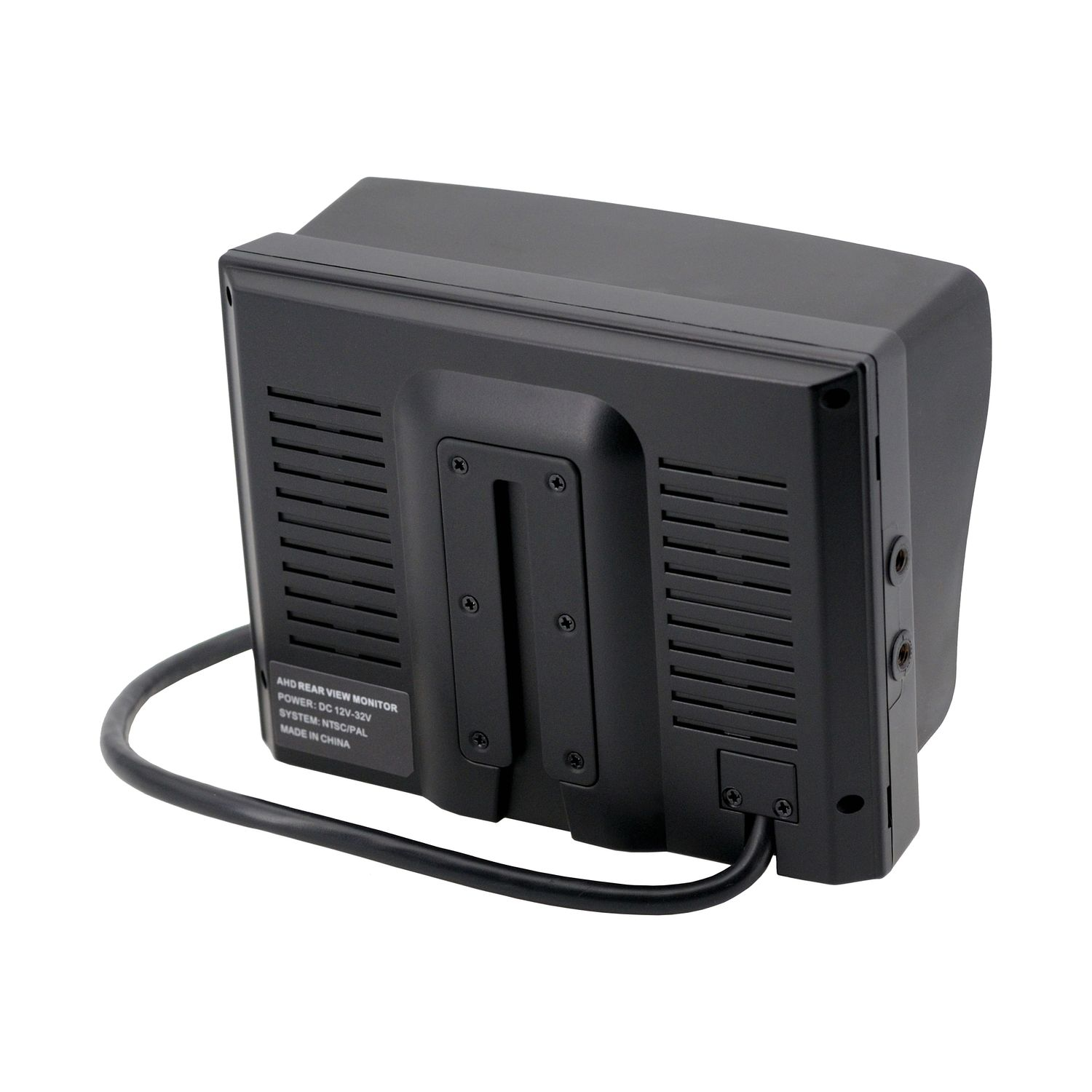 Rückfahrkamera-Monitor mit Kabel und Aufkleber mit technischen Daten.