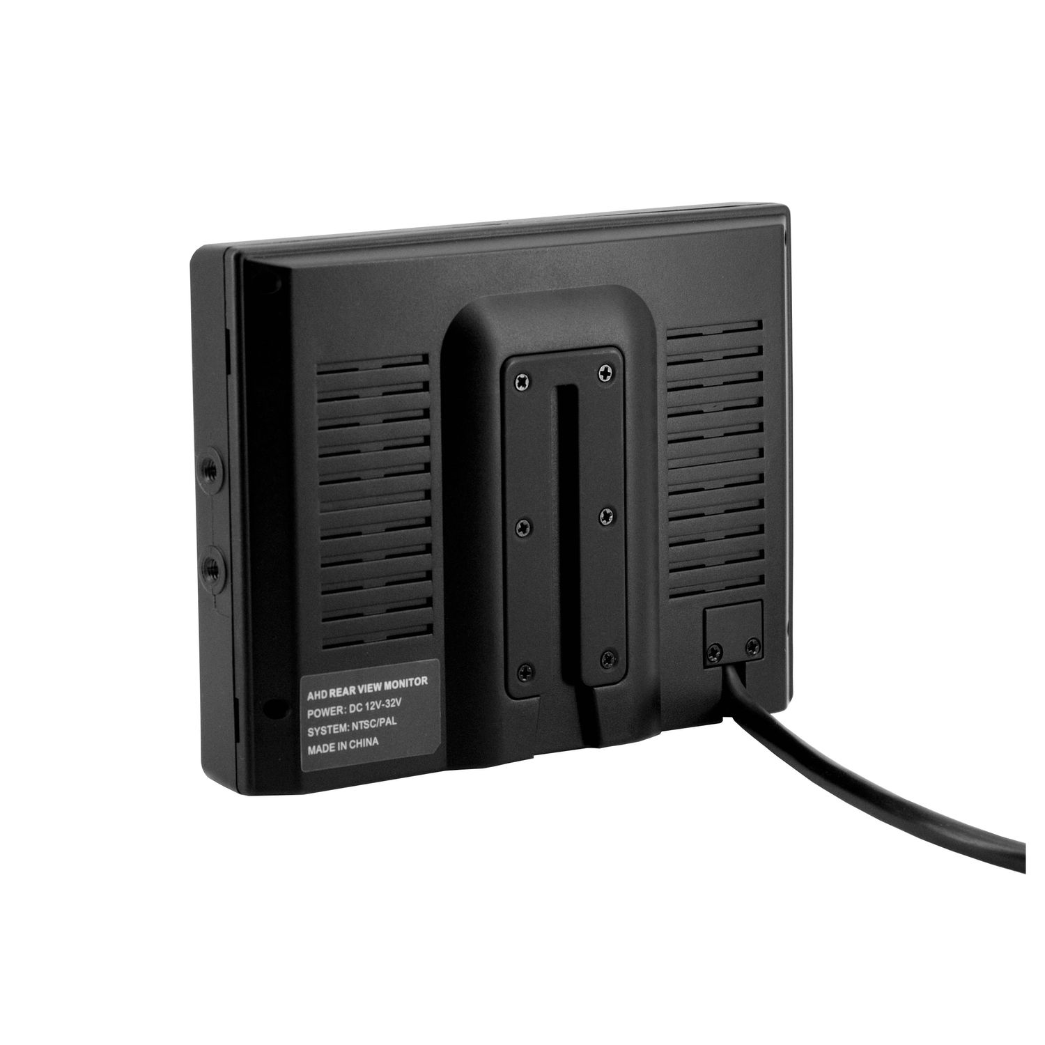 Rückseite eines schwarzen Monitors mit Belüftungsschlitzen und einem Kabel.