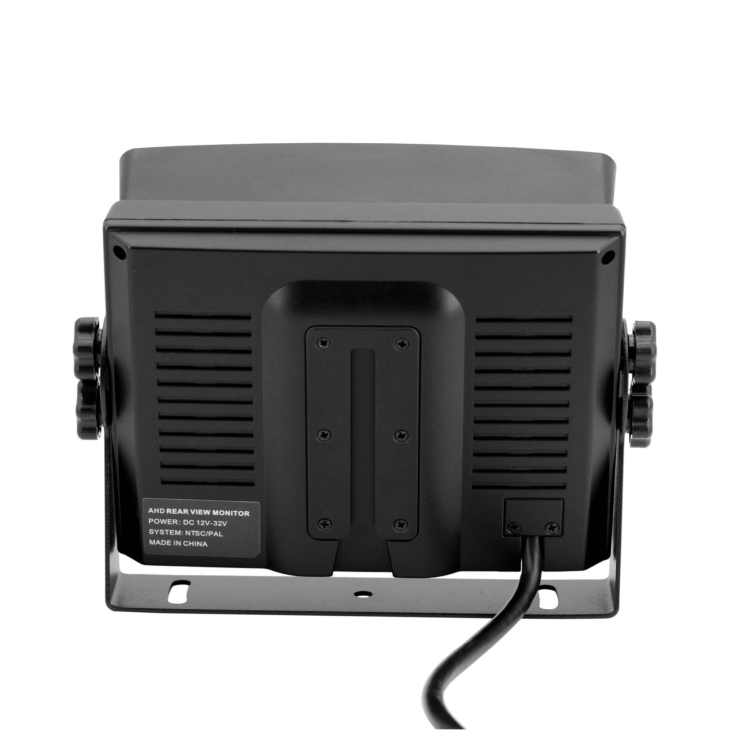 Rückansicht eines schwarzen AHD-Monitors mit Beschriftung und Kabel.