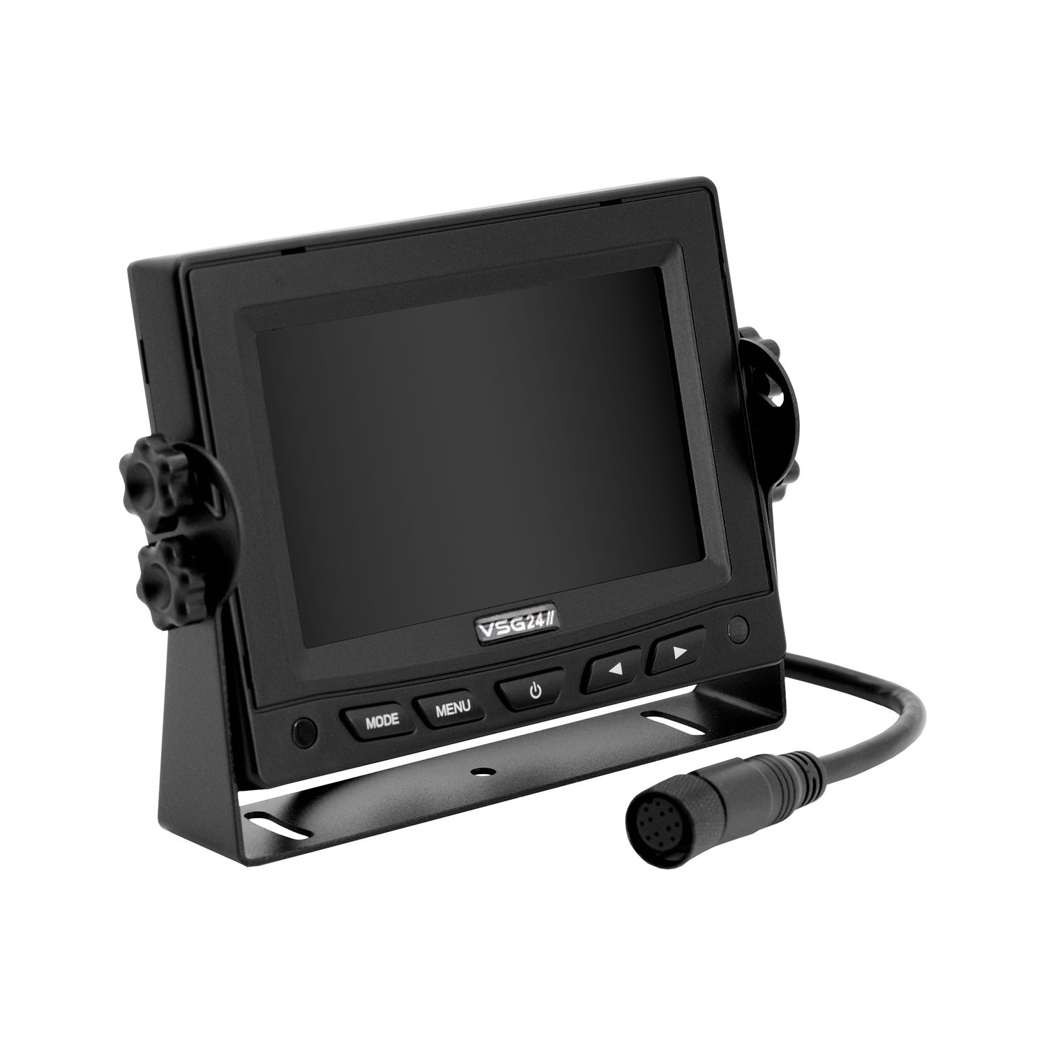 Ein schwarzer Monitor mit VSG24-Logo, Tasten und einem Kabel.