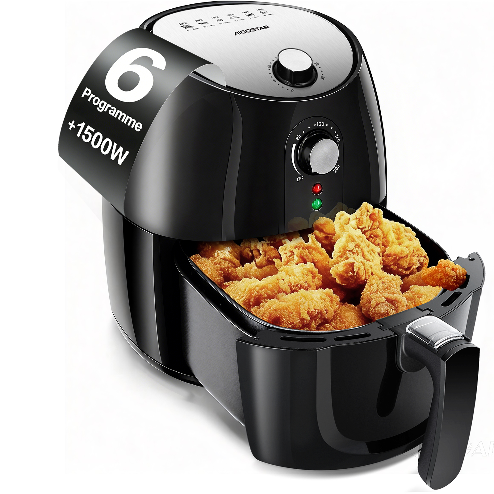 Schwarze Heißluftfritteuse mit 6 Programmen und 1500W, gefüllt mit knusprigem Frittiergut.
