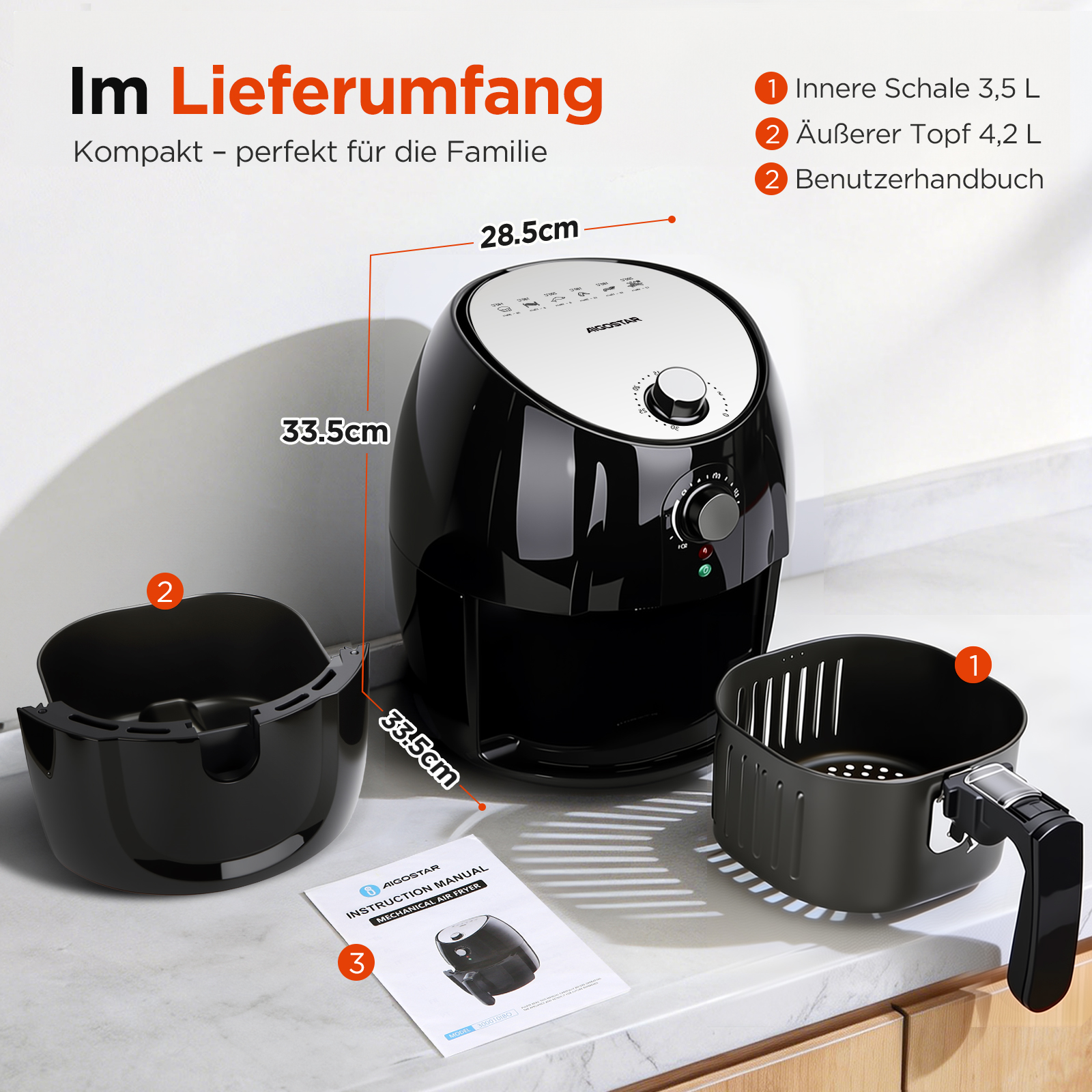 Schwarzer Heißluftfritteuse mit Zubehör: Innenschale, Außentopf, Anleitung.