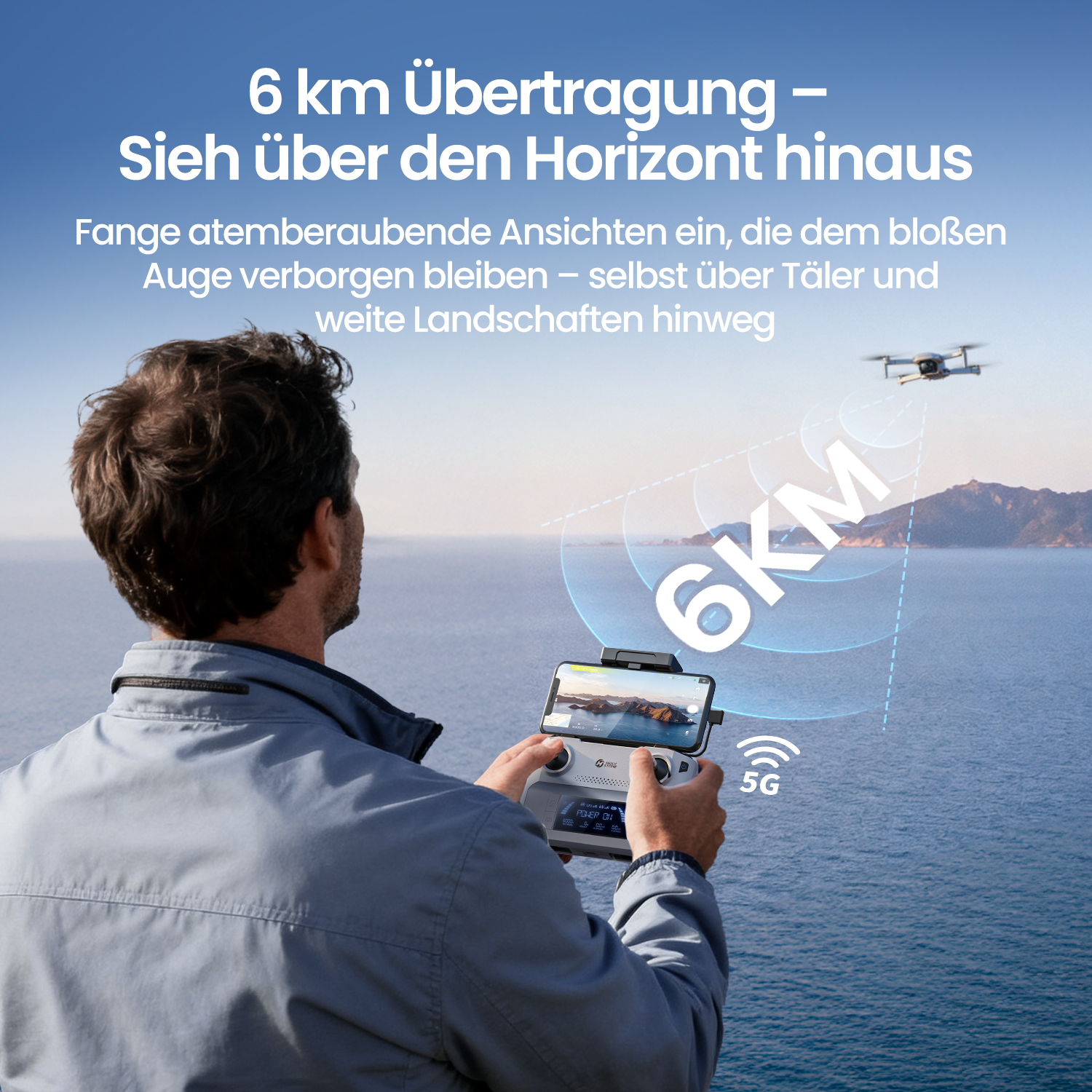 Mann steuert Drohne über Meer, zeigt 6 km Reichweite und 5G Signal.