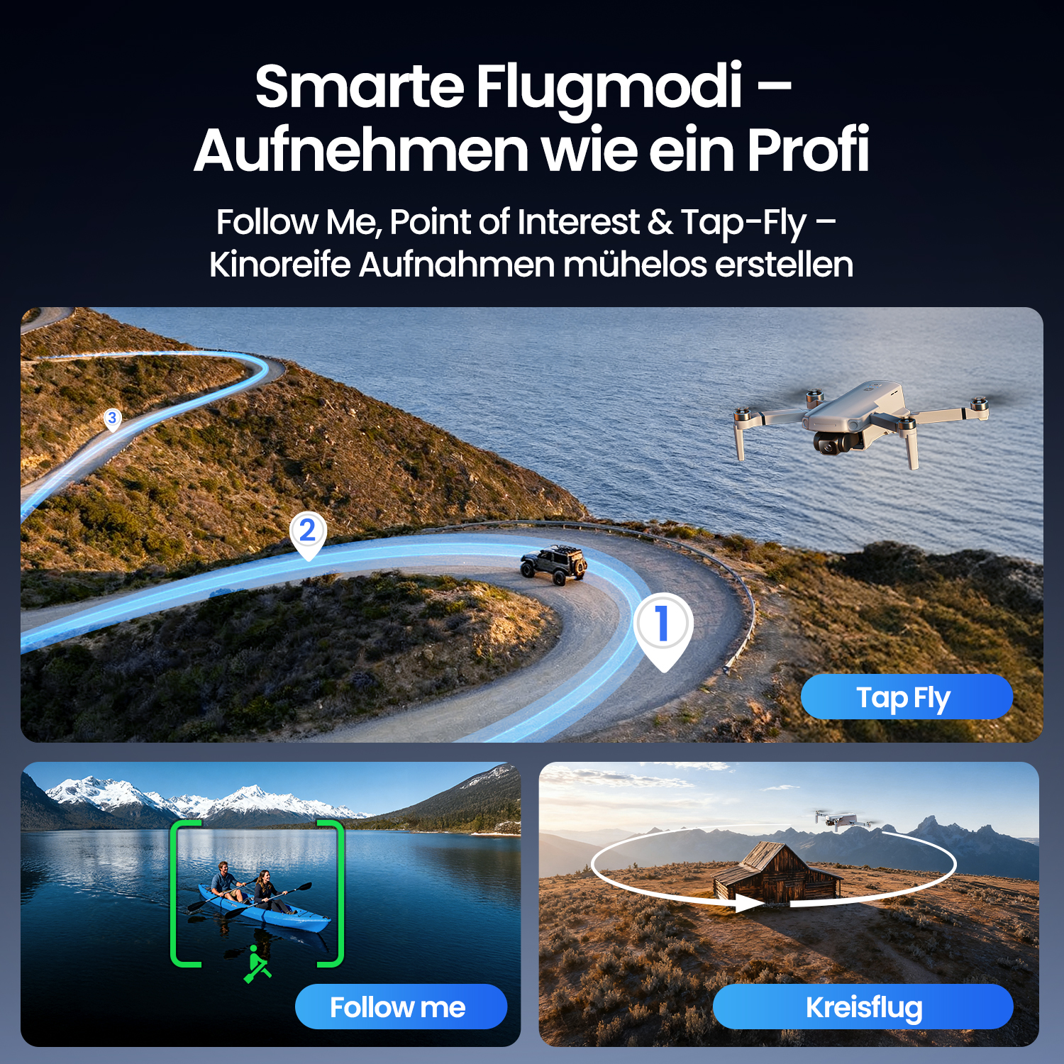 Drohne fliegt über Straße, See und Hütte mit Smart-Flight-Modi.