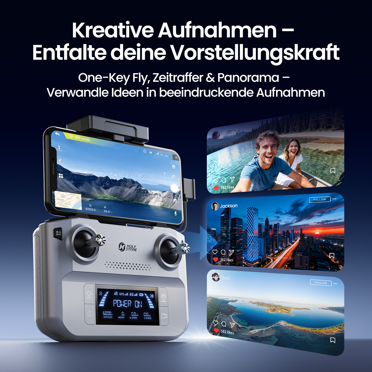 Drohnenfernbedienung mit Handy und Social-Media-Bildern.