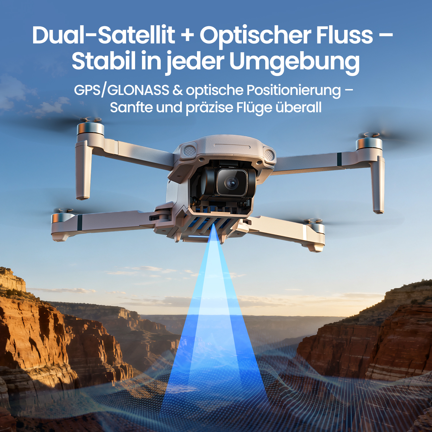 Ein weißer Drohne fliegt über einer Schlucht. Blaue Lichtkegel zeigen die Positionierung an.