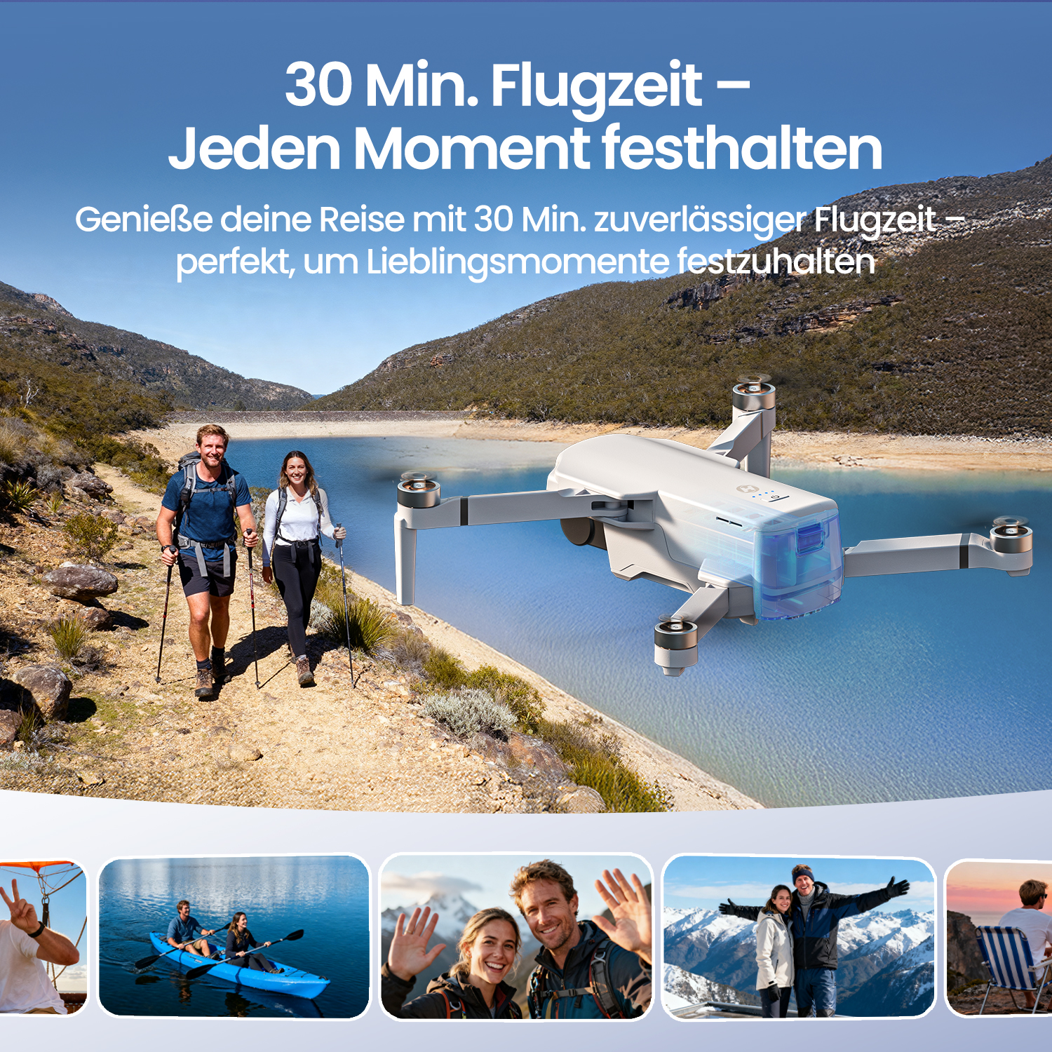 Ein Paar wandert am See, eine Drohne fliegt über Wasser. Berglandschaft im Hintergrund.