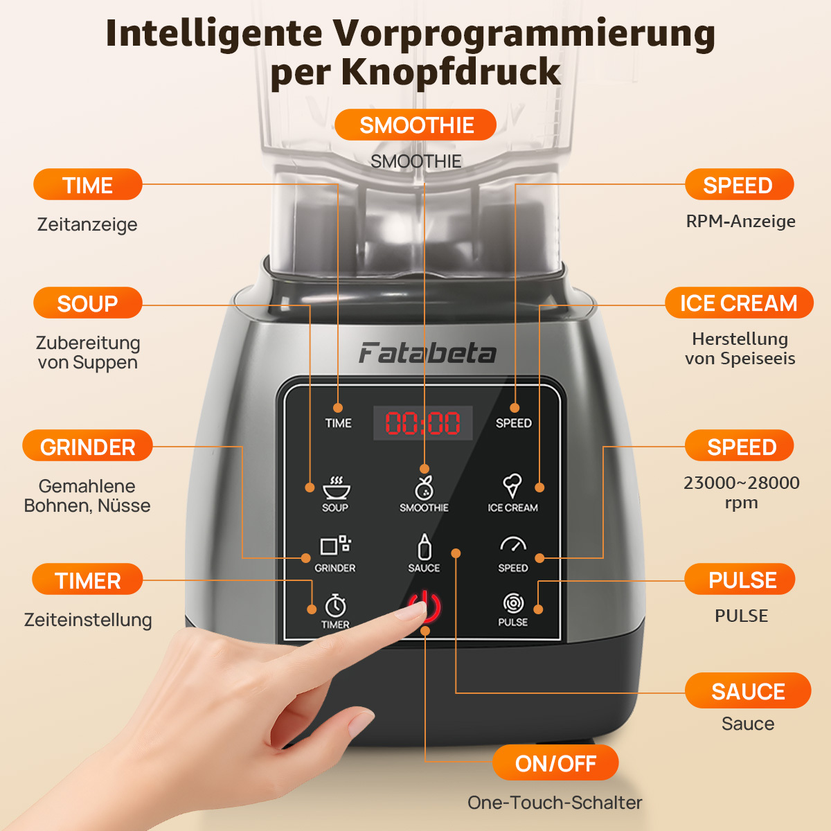 Ein Mixer mit einem digitalen Display und verschiedenen Funktionen.