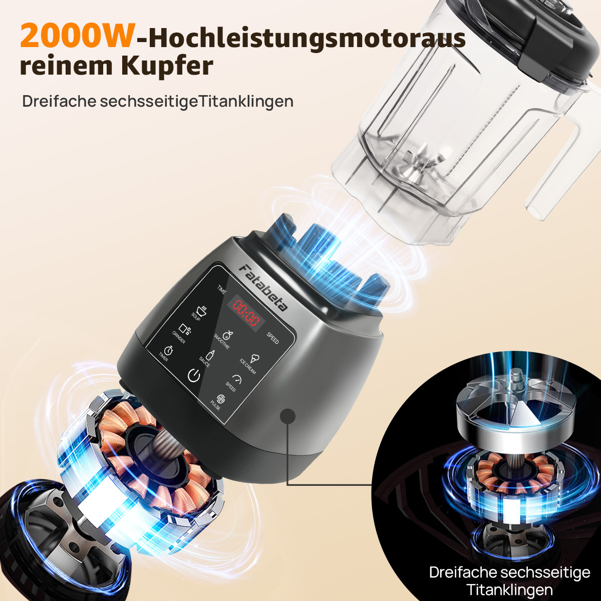 Ein Hochleistungsmixer mit Kupfermotor und Titan-Klingen.