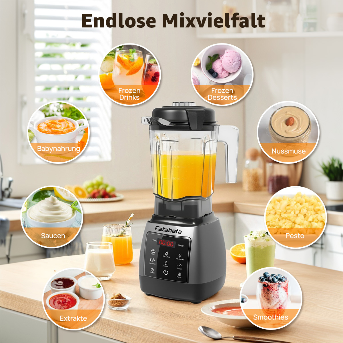 Ein Mixer mit verschiedenen Zubereitungen: Babynahrung, gefrorene Getränke, Desserts, Nussmus, Pesto, Smoothies.