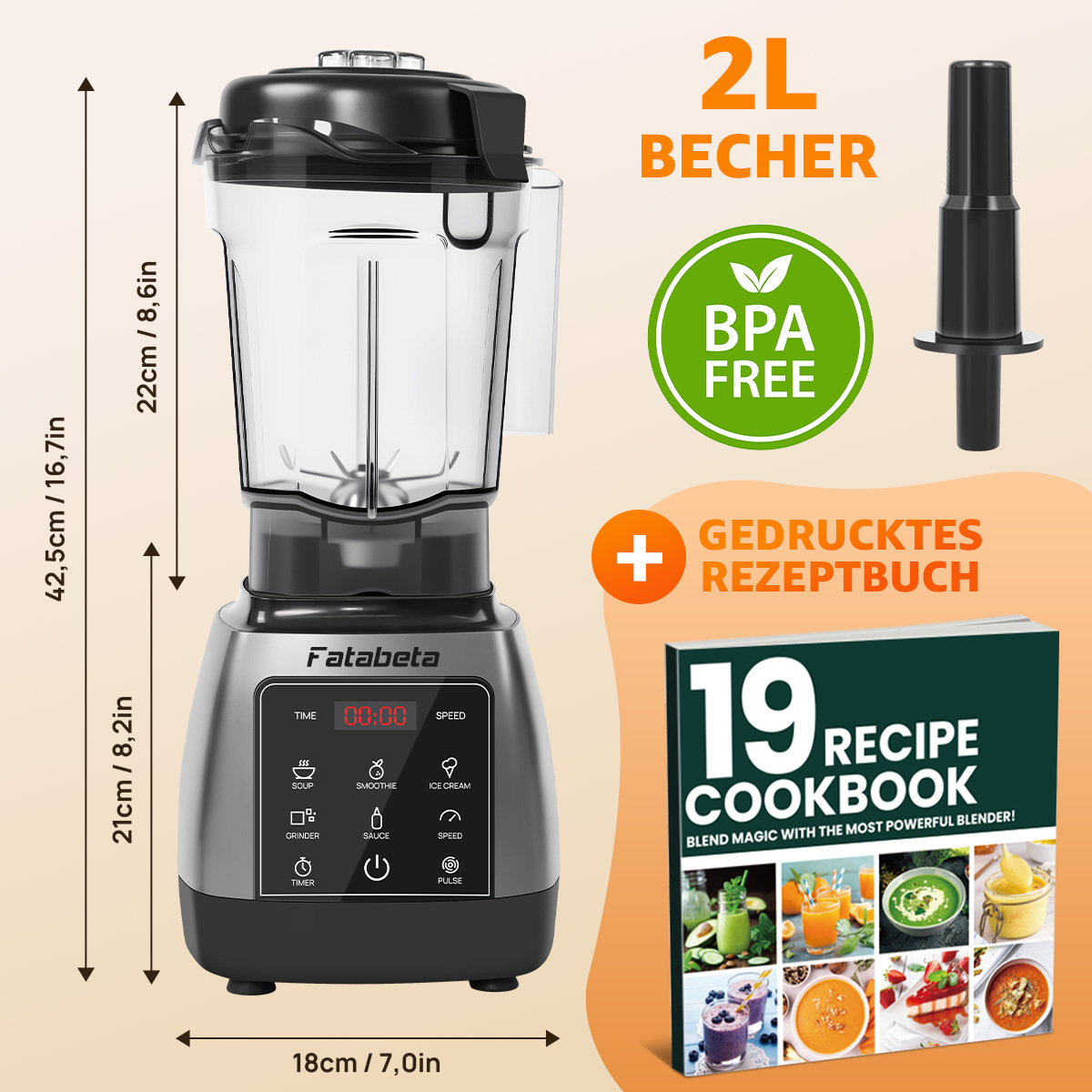 Ein silberner und schwarzer Standmixer mit 2L Becher und Rezeptbuch.