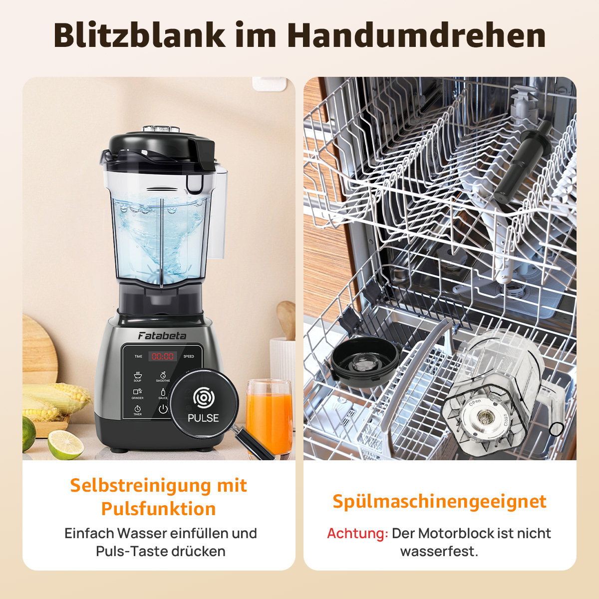 Ein Mixer mit Selbstreinigungsfunktion und Spülmaschinen-geeigneten Teilen.