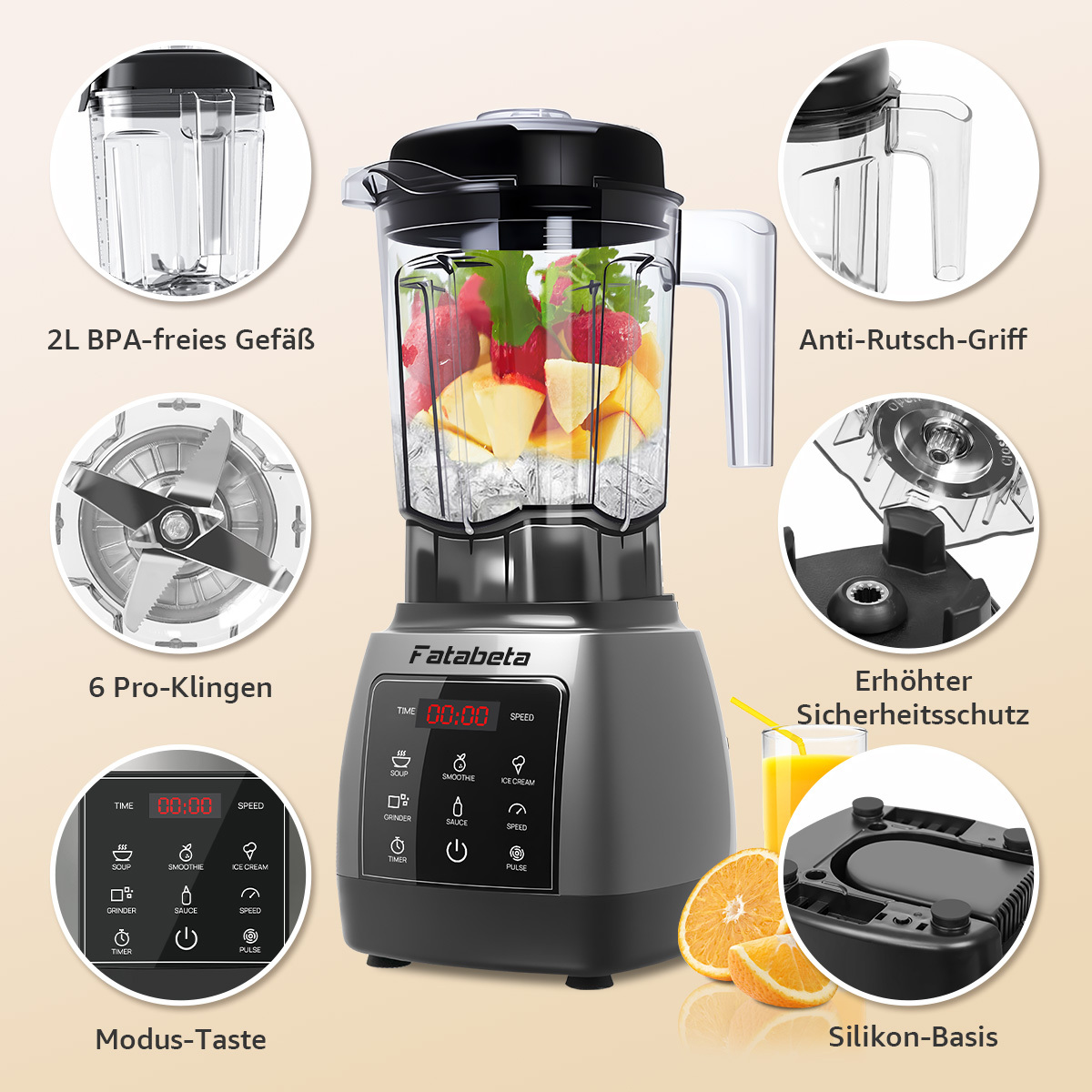 Ein grauer Smoothie-Maker mit Fruchtfüllung, Klingen und Bedienelementen.