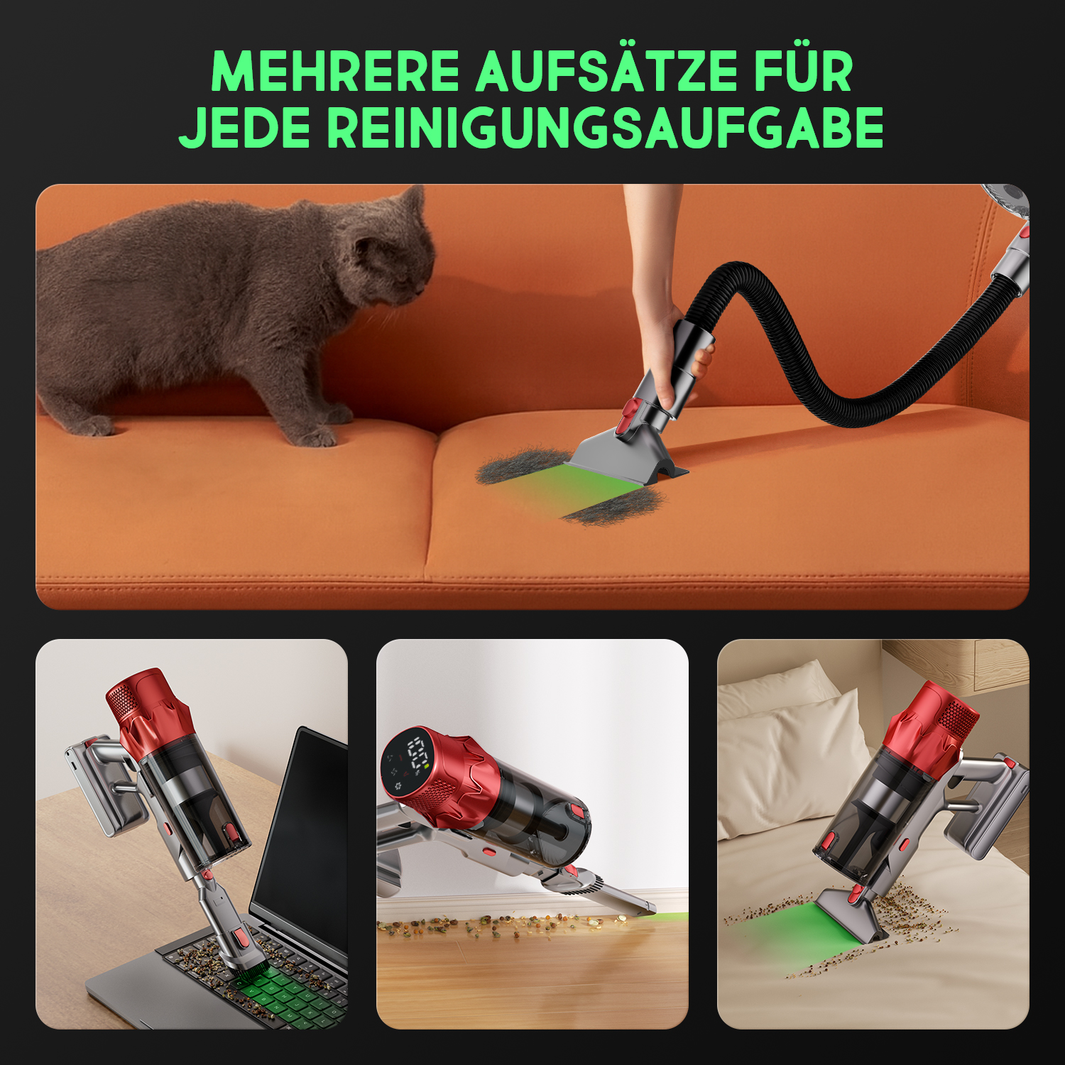 Ein Staubsauger reinigt ein Sofa, einen Laptop, einen Boden und ein Bett.