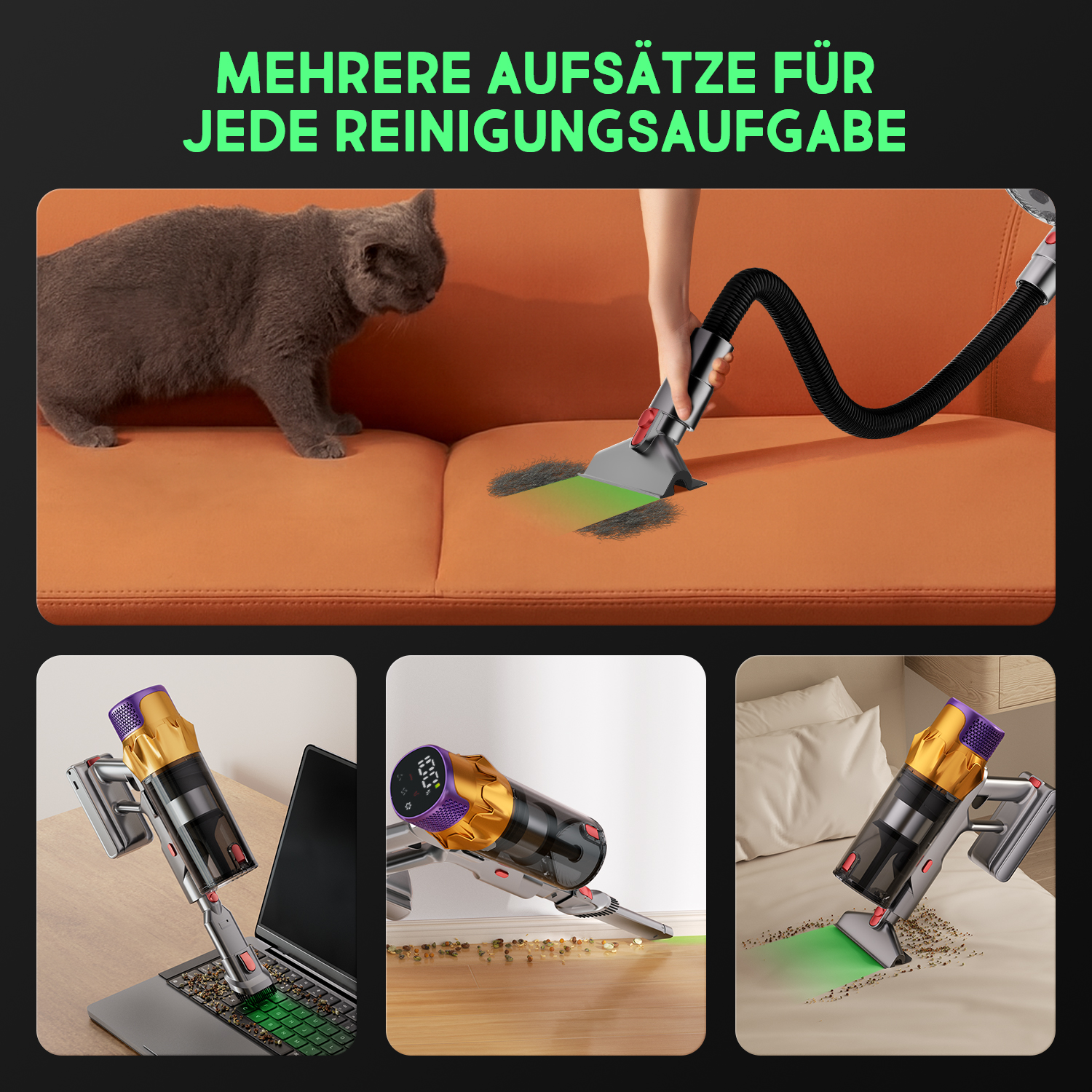 Ein Staubsauger reinigt ein Sofa, einen Laptop, einen Boden und ein Bett.