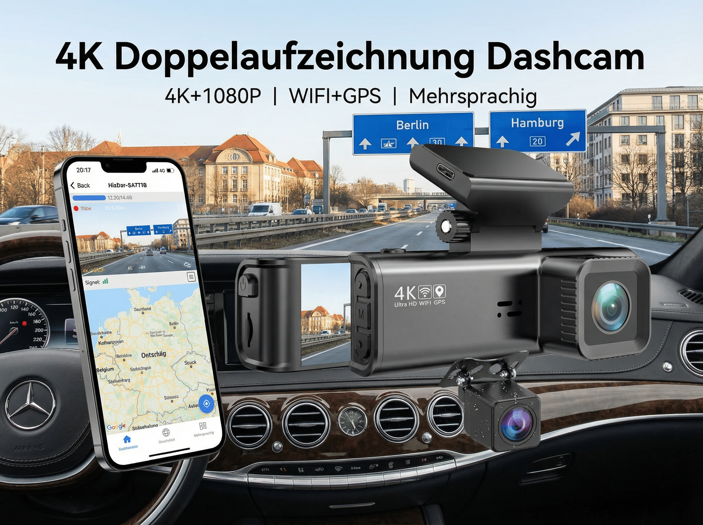 Eine Dashcam und ein Smartphone im Auto auf einer Autobahn mit Schildern für Berlin und Hamburg.