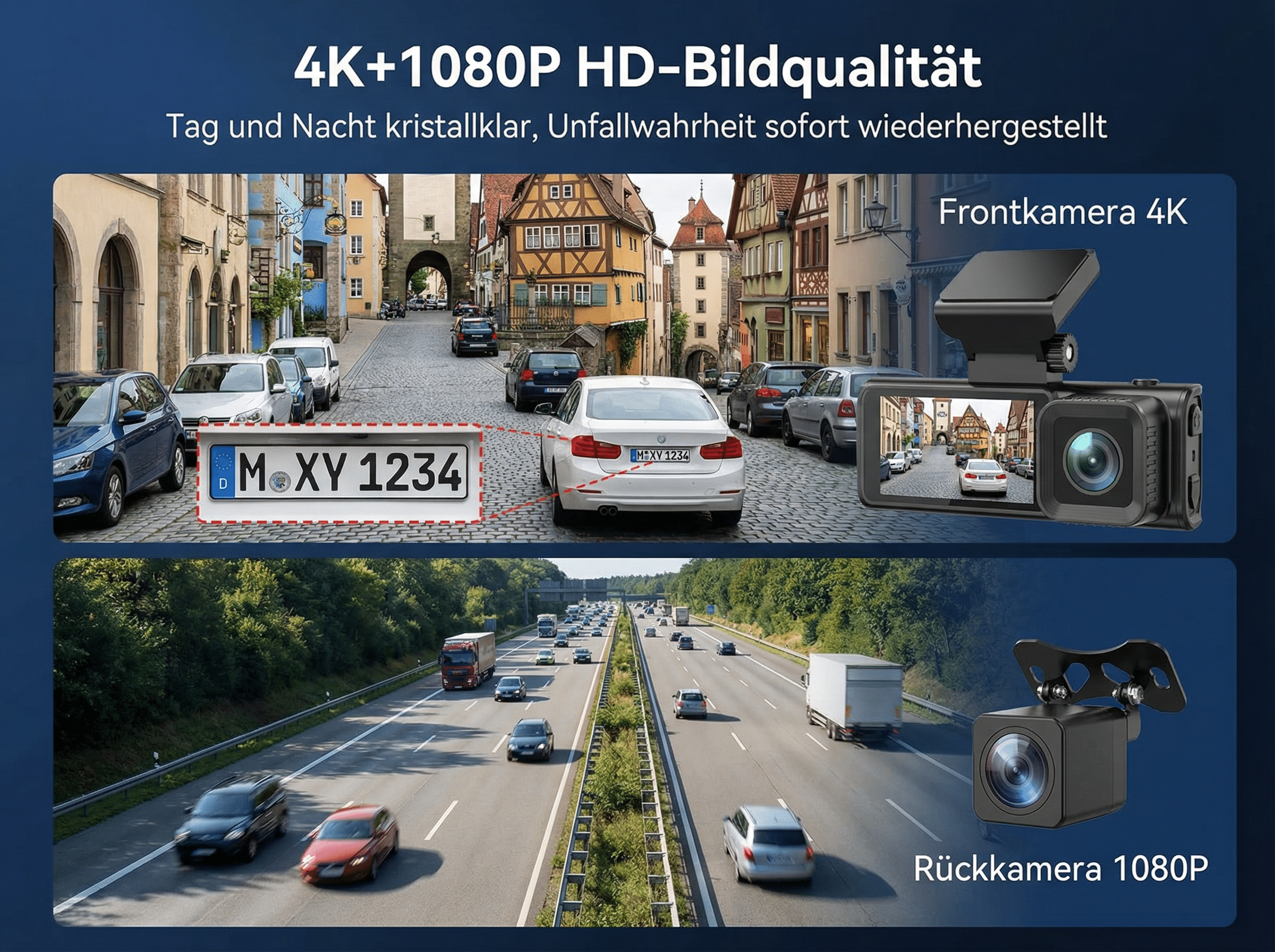 Detailaufnahme einer 4K-Frontkamera und einer 1080P-Rückkamera, die eine Autobahnszene zeigen.