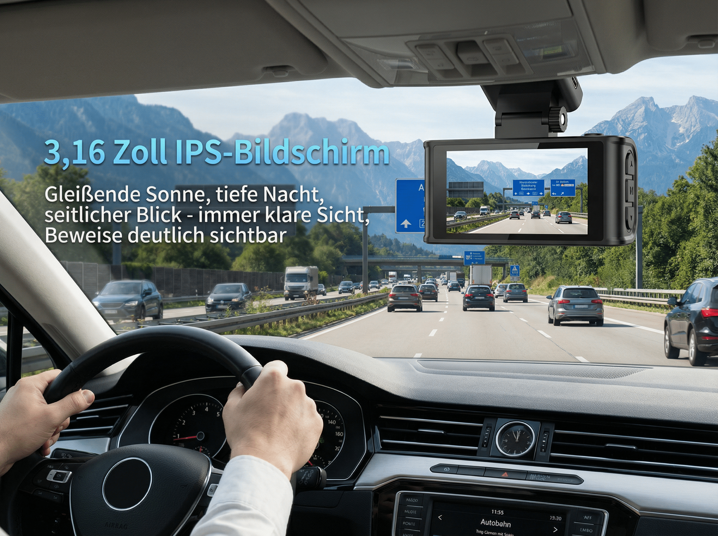 Fahrerperspektive auf Autobahn mit Dashcam, die Berglandschaft zeigt.