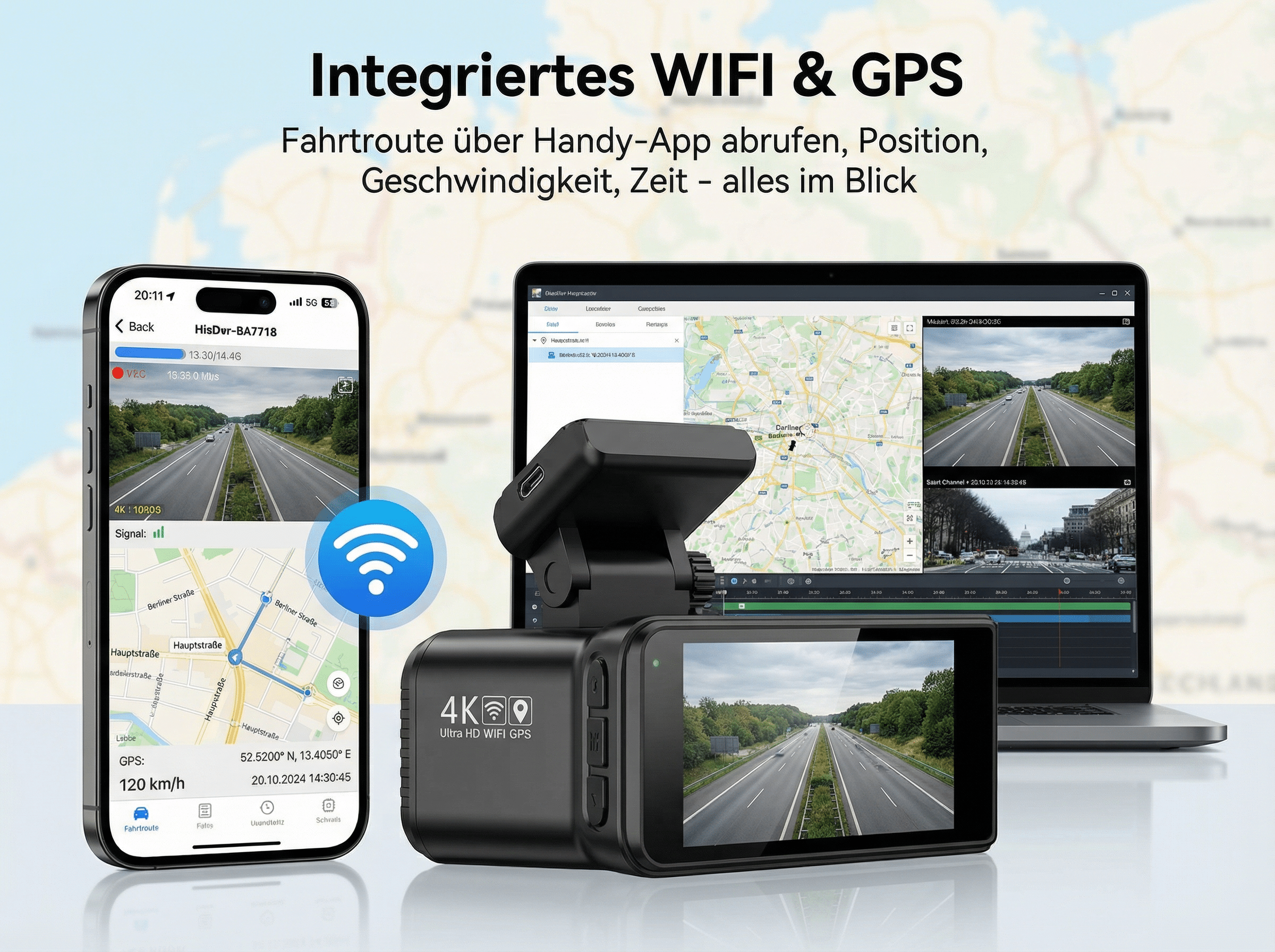 Ein Armaturenbretts-Kameraset mit Handy, Laptop und integriertem WLAN & GPS.