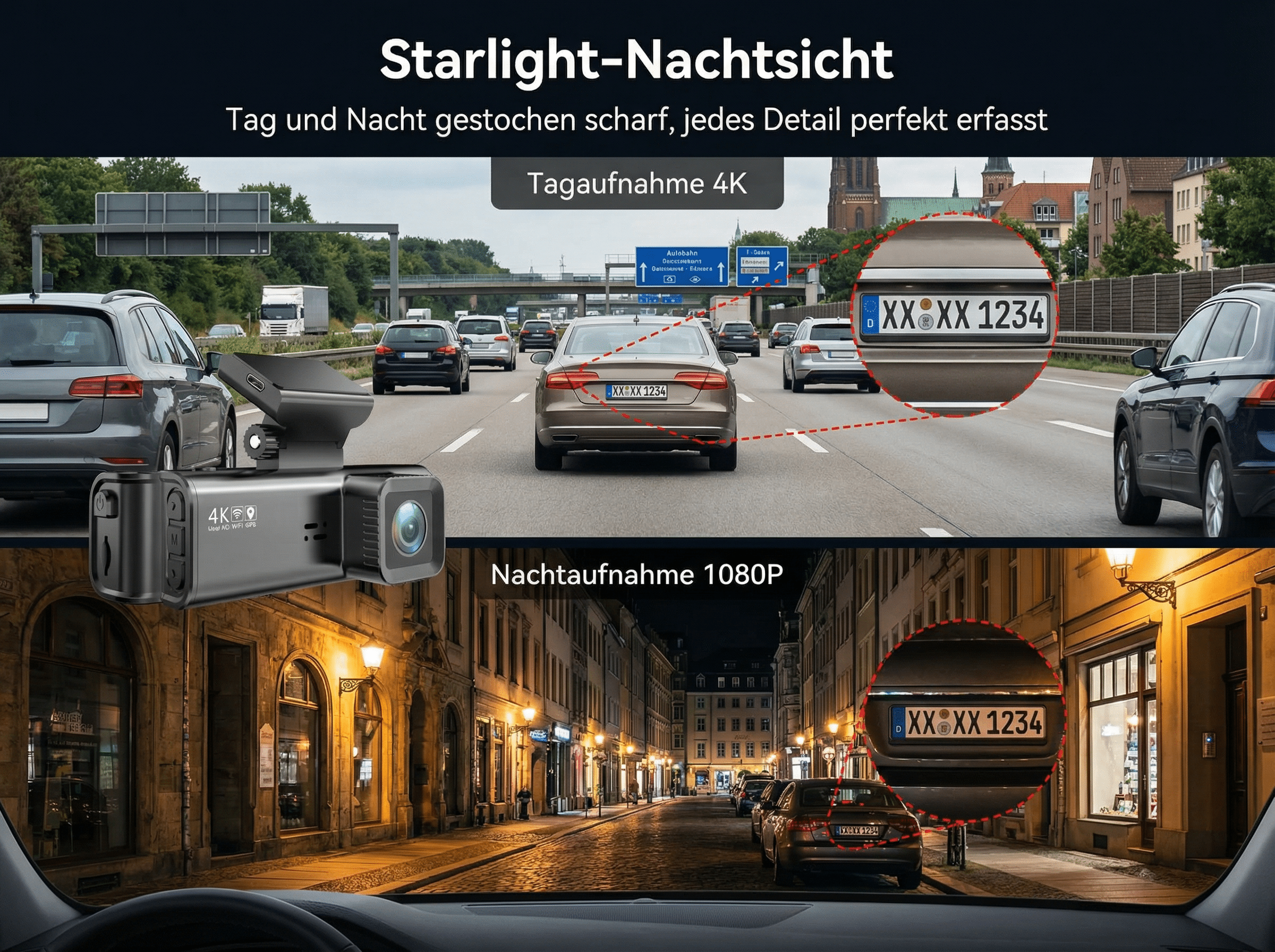 Tag- und Nachtaufnahmen von Autos auf Autobahnen und Straßen.