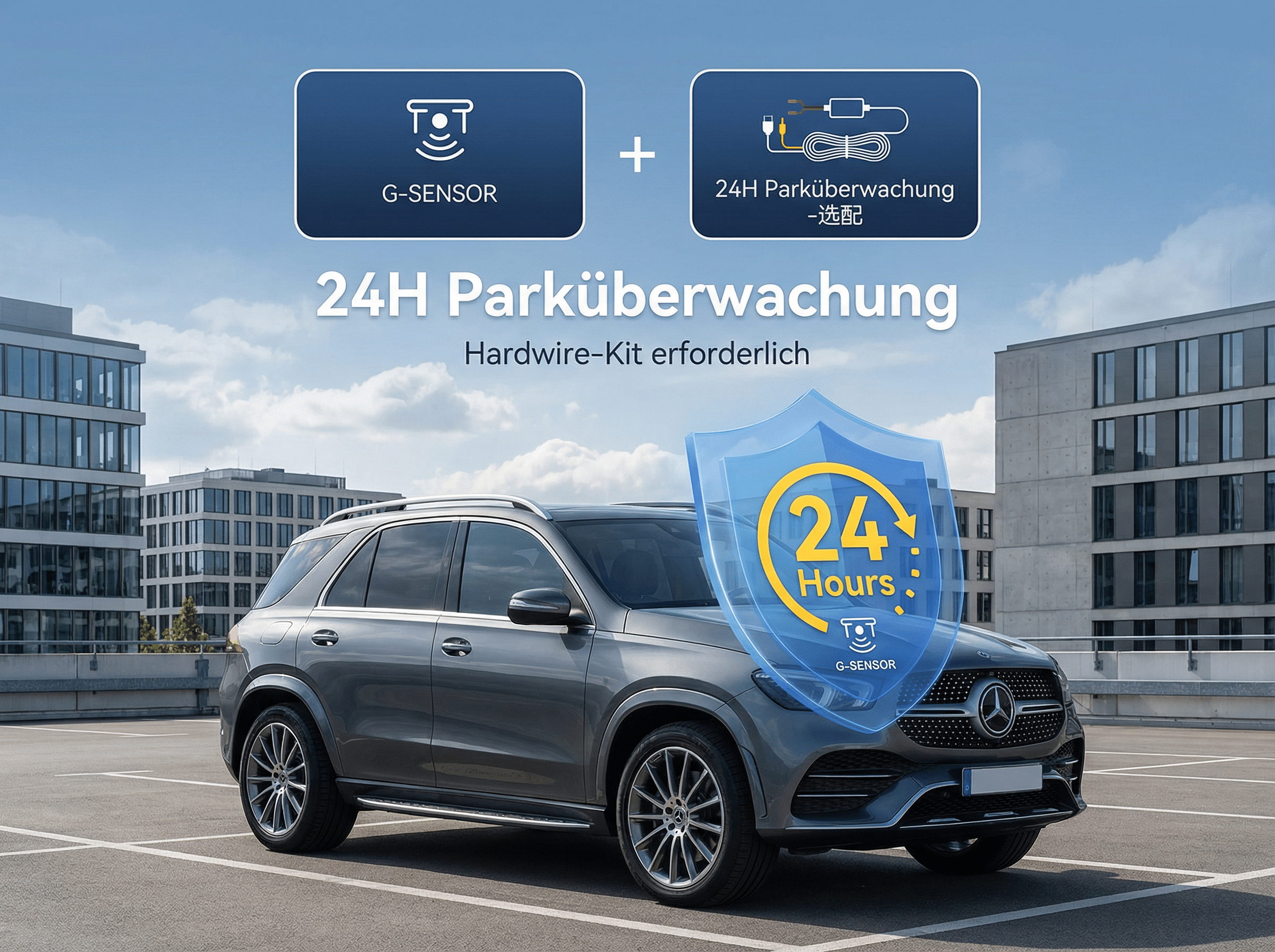 Grauer SUV parkt vor modernen Gebäuden, mit Grafiken von G-Sensor und 24h Überwachung.