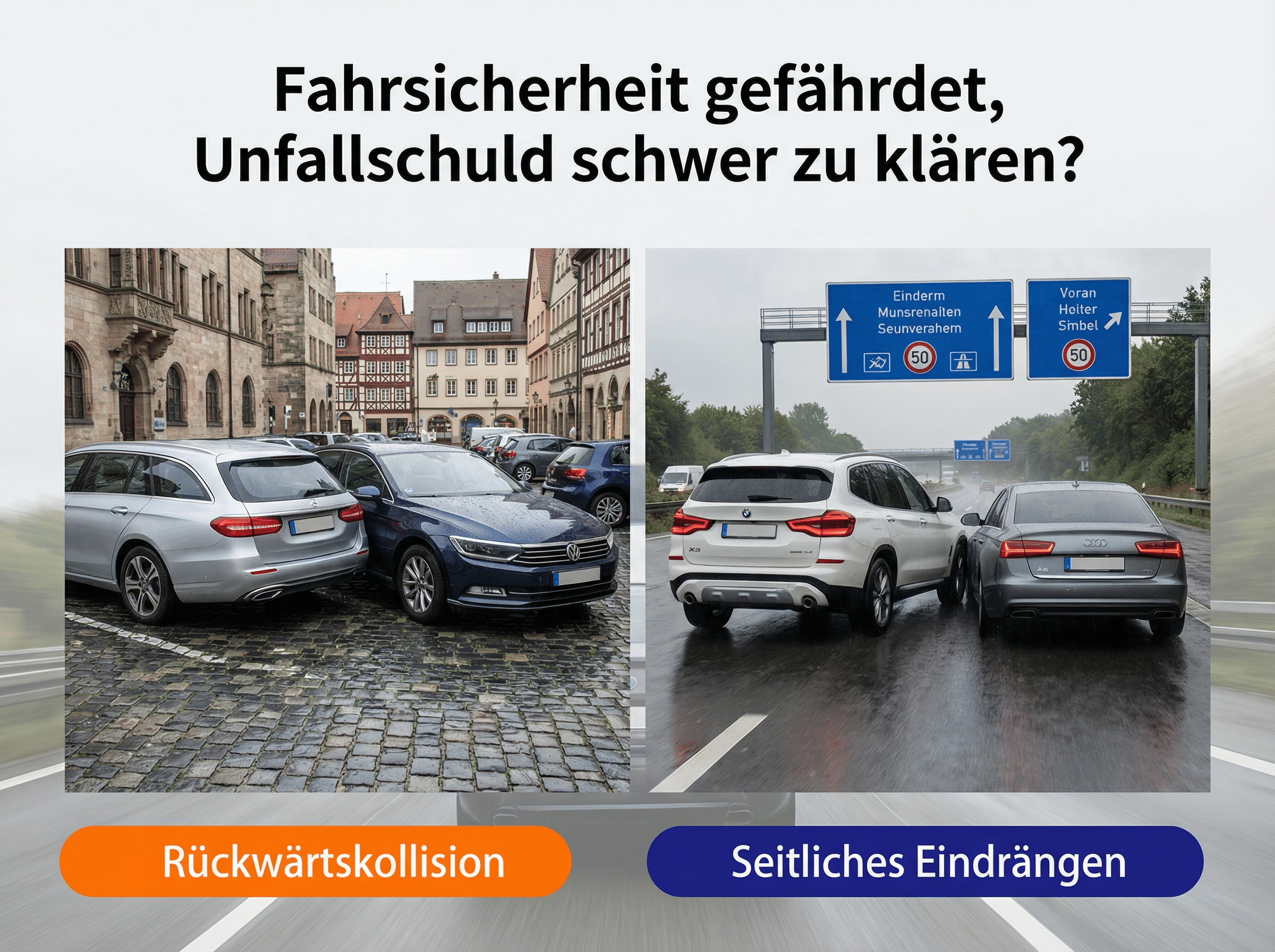 Zwei Szenarien: Rückwärtskollision in Stadt, seitliches Eindrängen auf Autobahn.