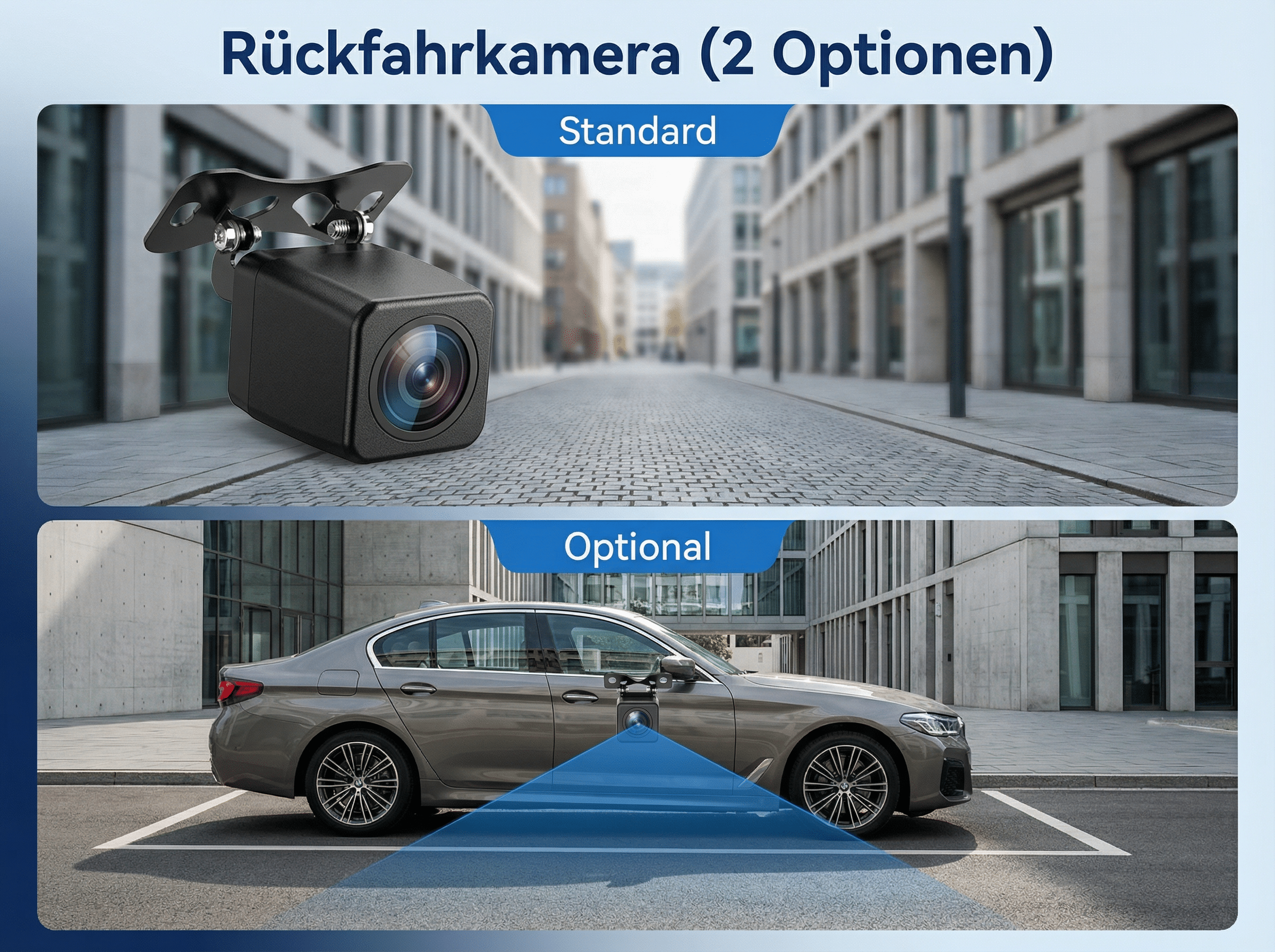 Rückfahrkamera: Standard- und optionales Modell mit Parkassistent.