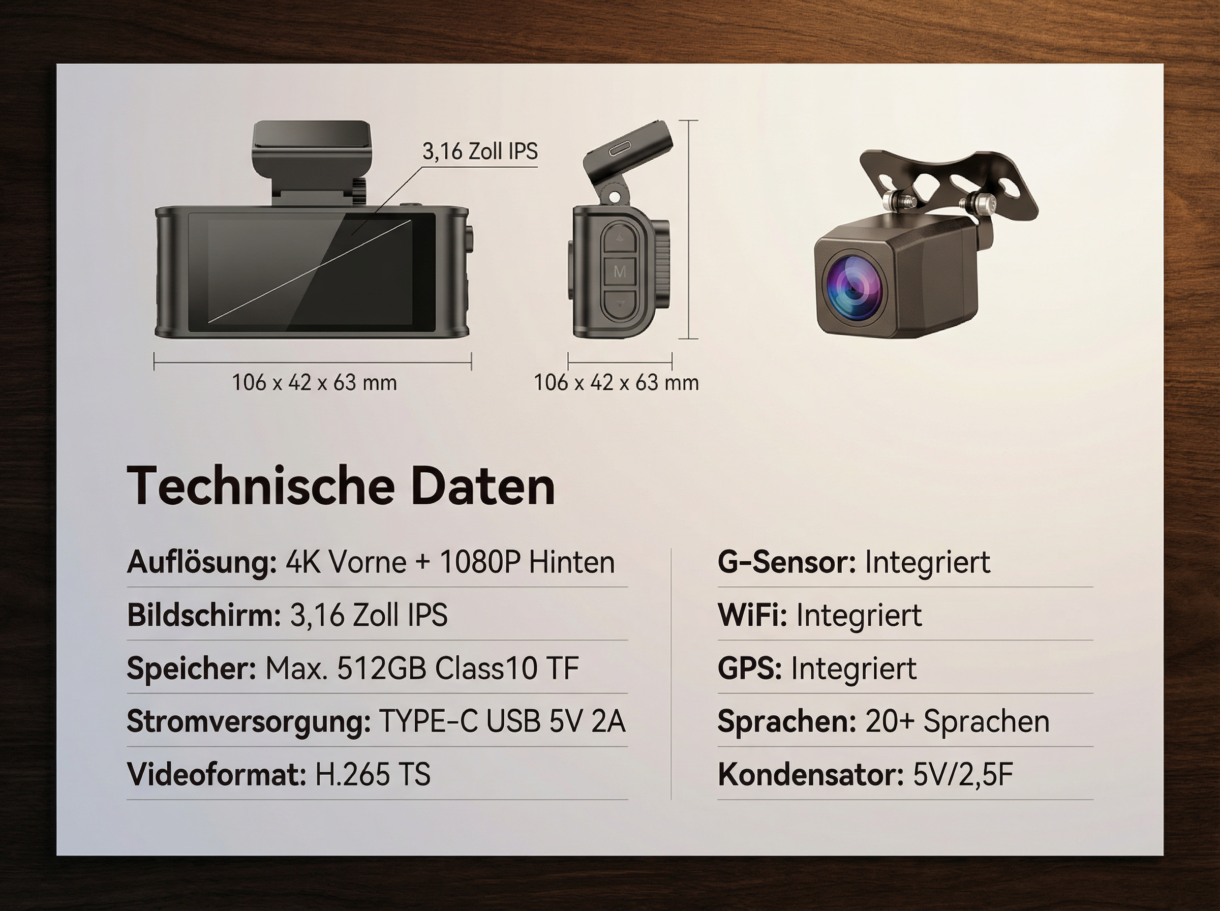 Technische Daten für Dashcams: 4K/1080P, 3,16" IPS, 512GB, WiFi, GPS.