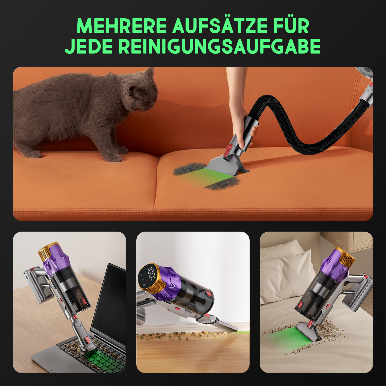 Ein Staubsauger reinigt Sofa, Laptop, Boden und Bett. Ein grauer Kater schaut zu.