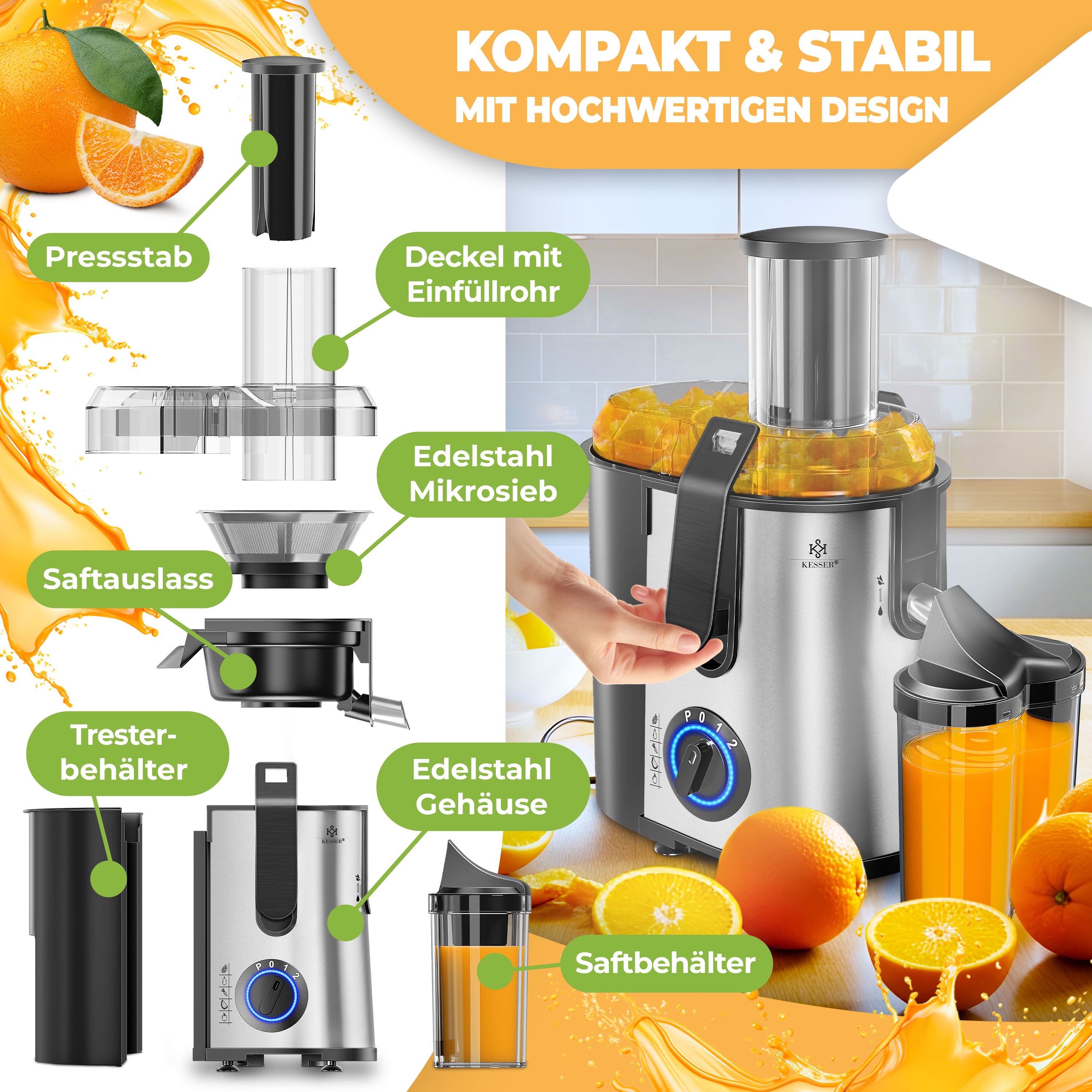 Ein Entsafter mit Zubehör, Orangen und Orangensaft auf einem Holztisch.