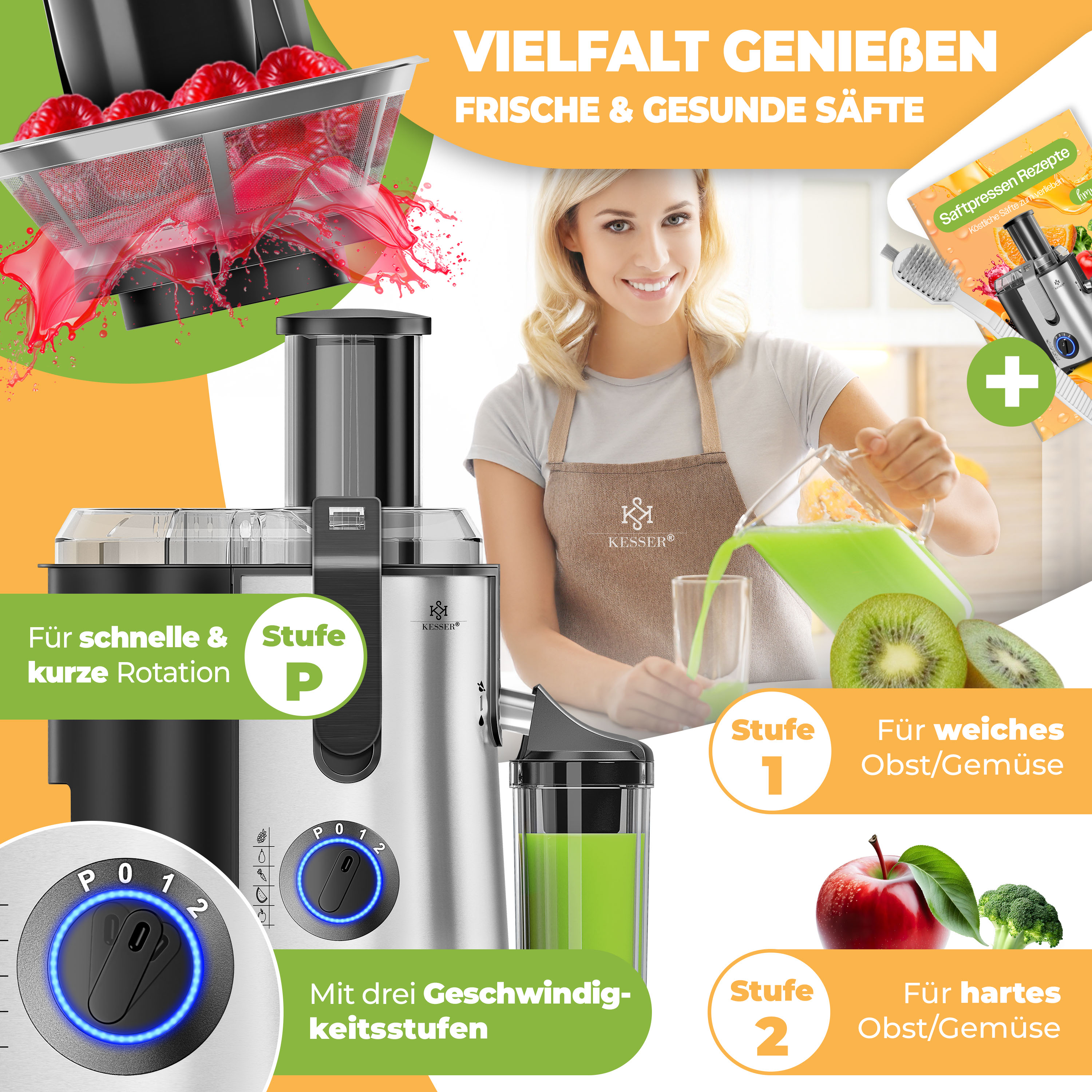 Ein Entsafter mit einer Frau, die Saft in ein Glas gießt. Beinhaltet Früchte und Gemüse.