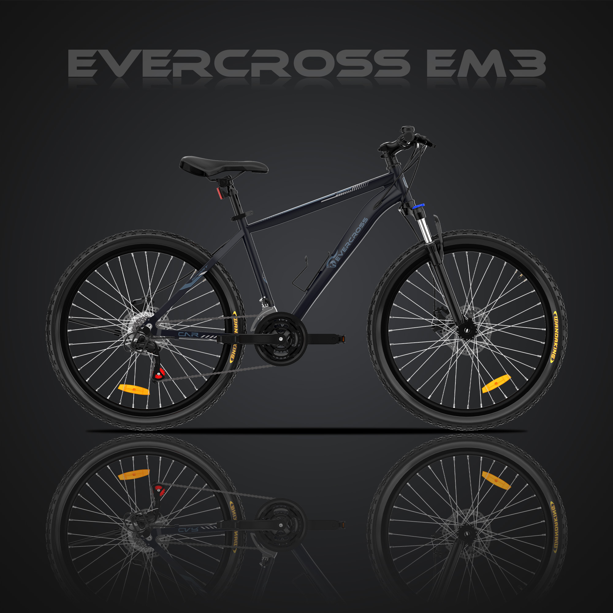 Ein dunkles Mountainbike mit silbernen Speichen und gelben Reflektoren.