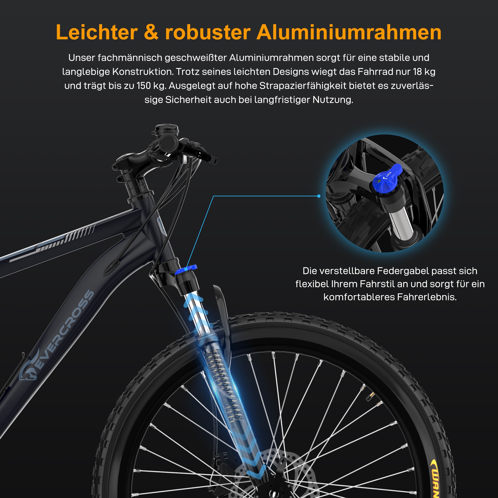 Ein schwarzes Fahrrad mit Fokus auf den Vorderradbereich, mit Text.
