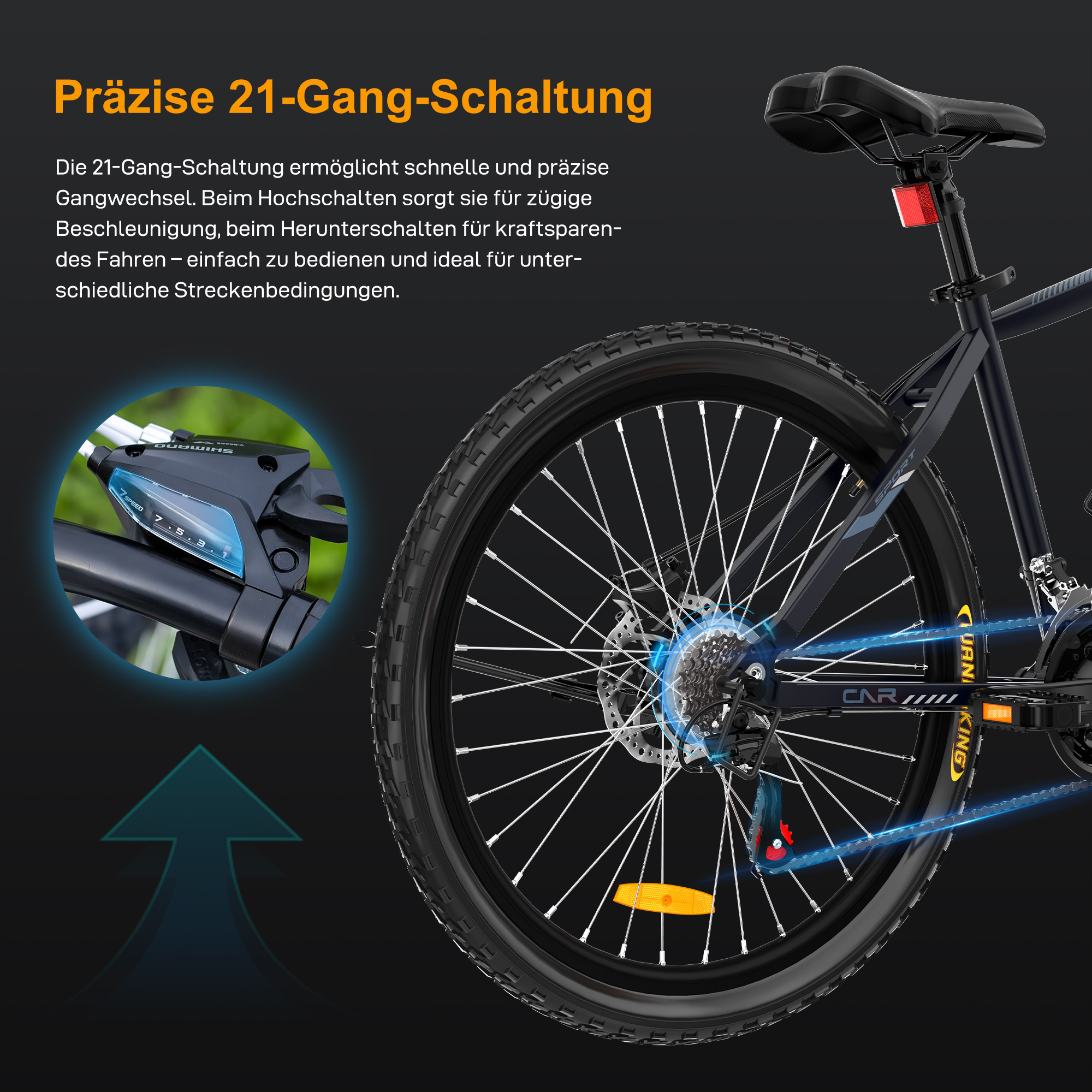 Fahrrad mit 21 Gängen, Nahaufnahme der Schaltung und des Hinterrads.