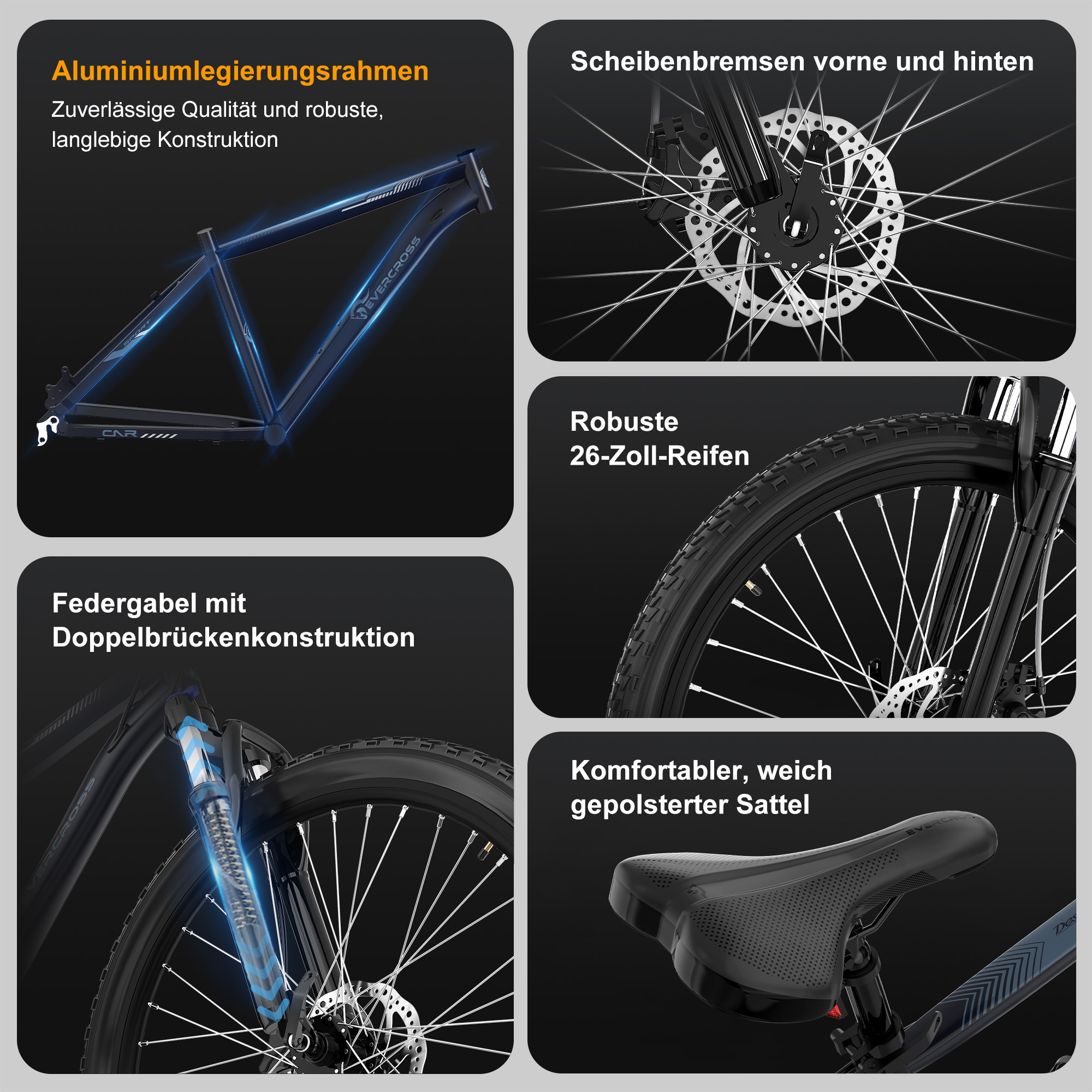 Ein schwarzer Aluminiumfahrradrahmen, Scheibenbremsen, 26-Zoll-Reifen und ein Sattel.