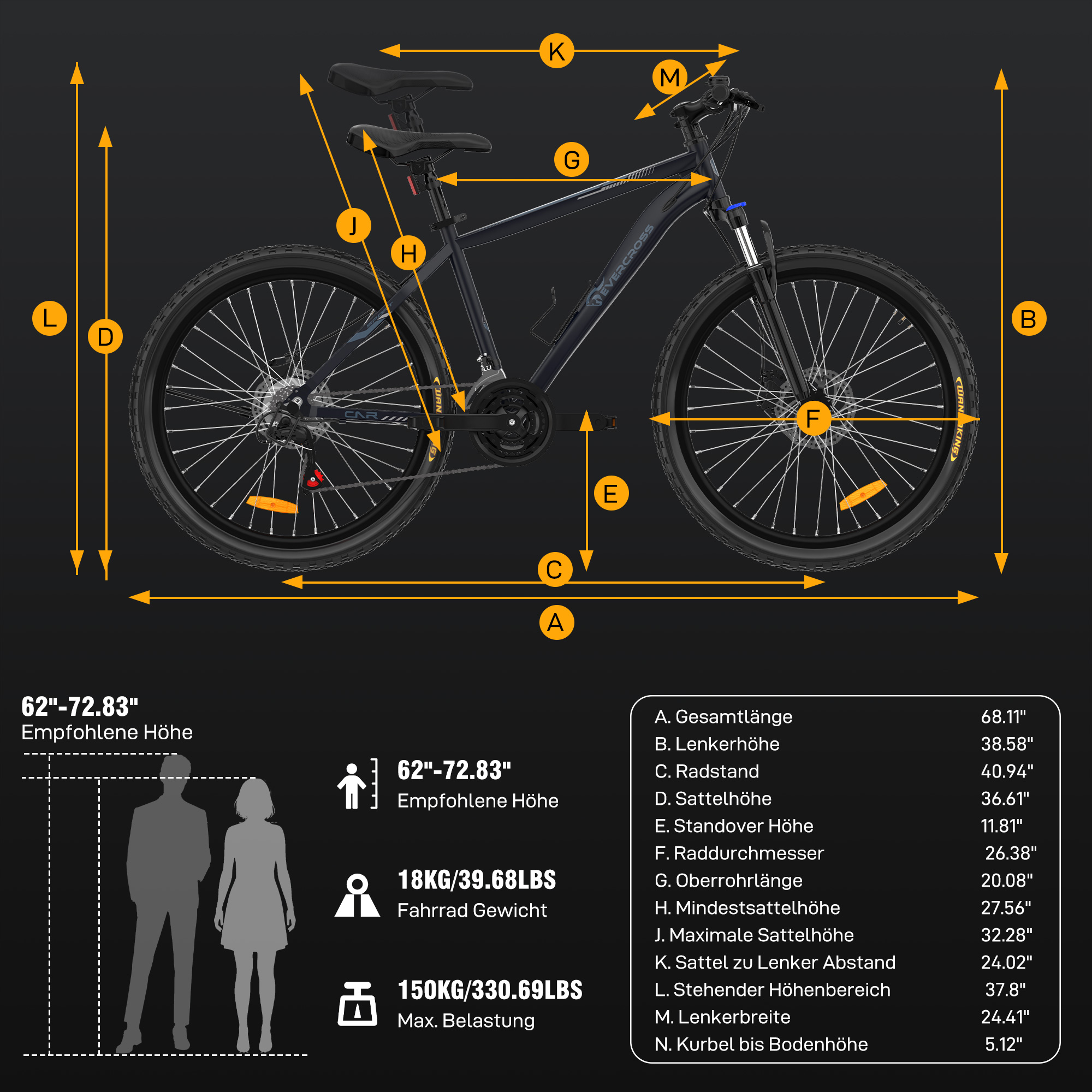 Ein schwarzes Fahrrad mit gelben Markierungen und Maßlinien. Es zeigt verschiedene Maße.