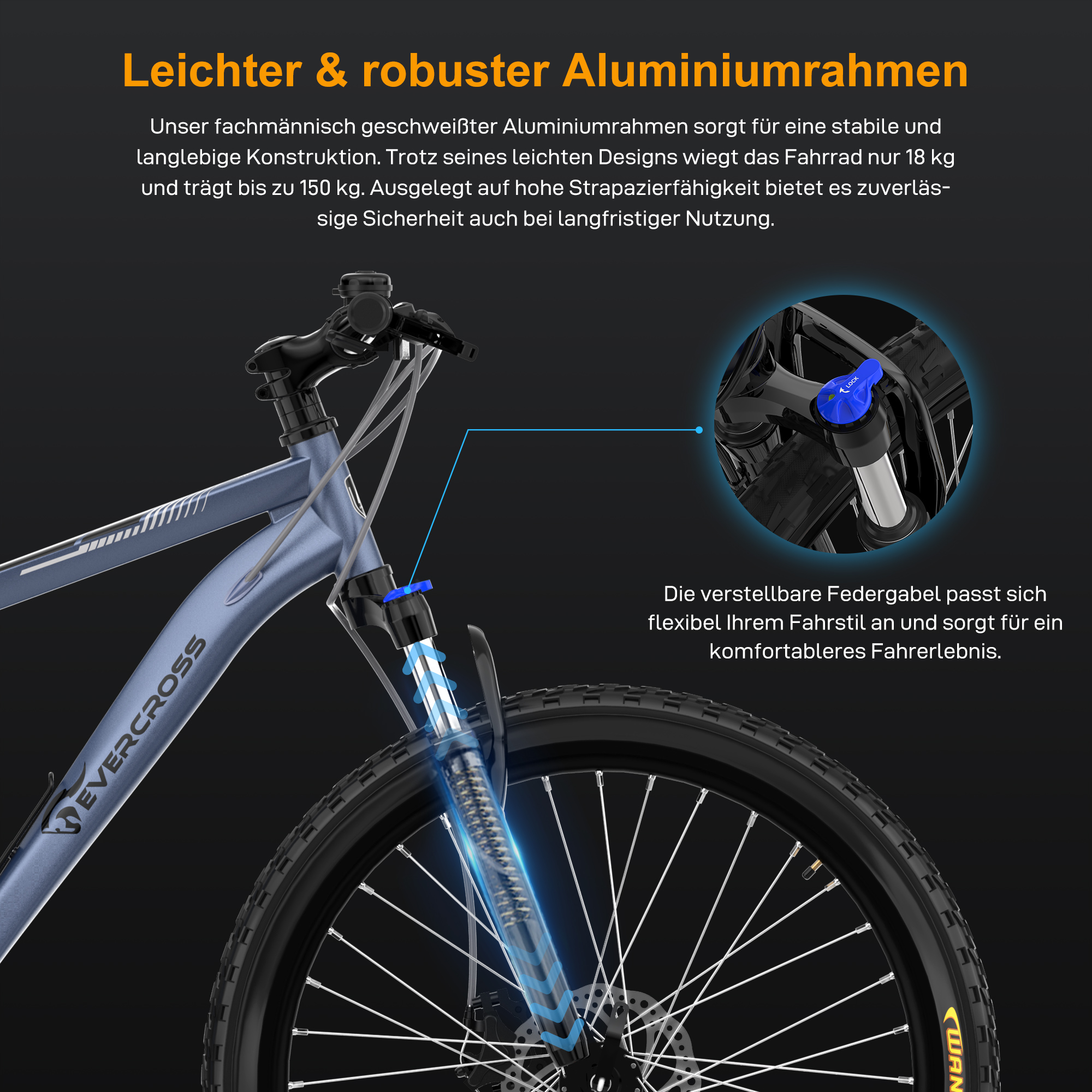 Ein blaues Fahrrad mit Aluminiumrahmen und Federgabel, auf schwarzem Hintergrund.