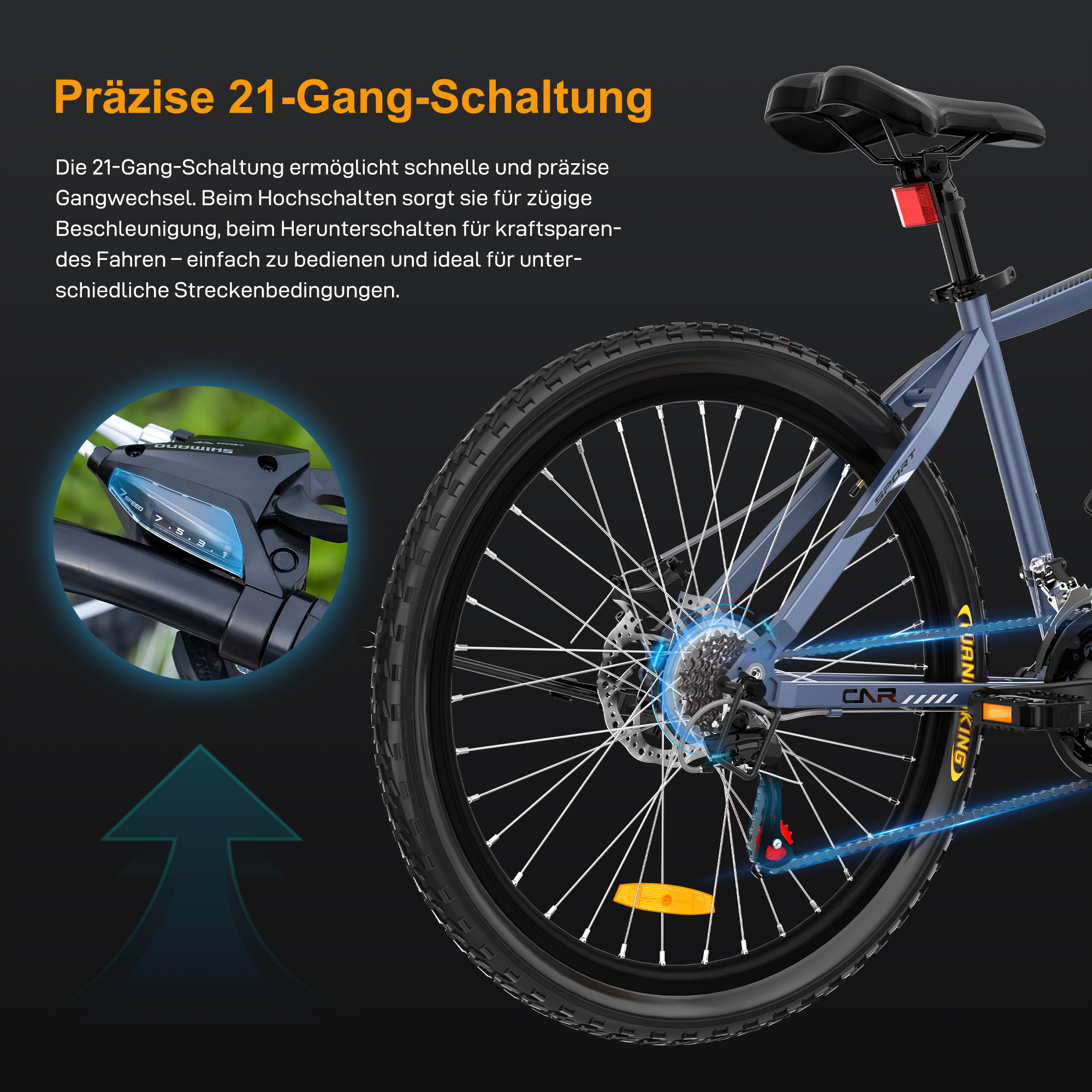 Blauer Mountainbike-Rahmen mit Fokus auf Schaltung und Hinterrad.