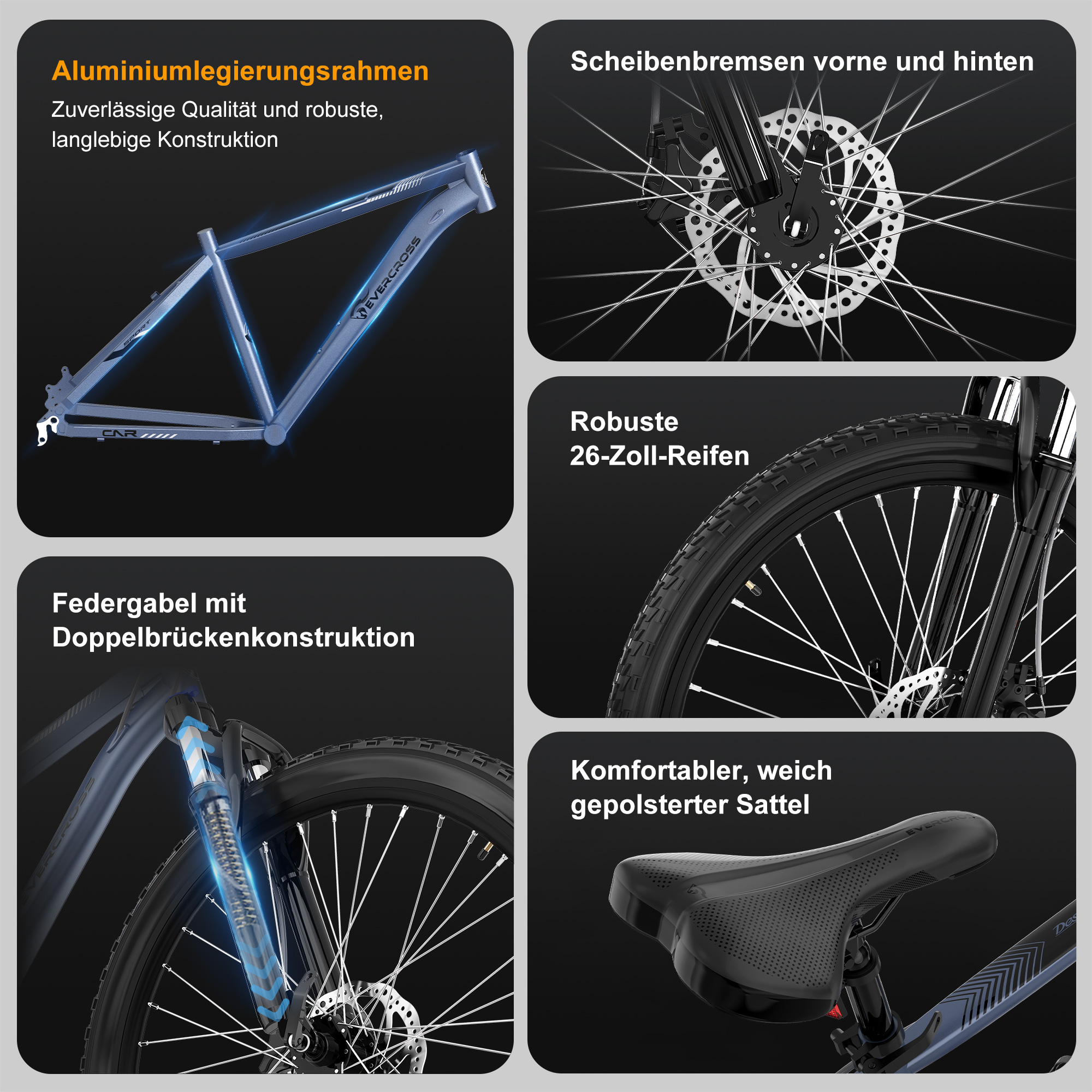 Ein Fahrrad mit Aluminiumrahmen, Scheibenbremsen, 26-Zoll-Reifen, Doppelbrückengabel und gepolstertem Sattel.