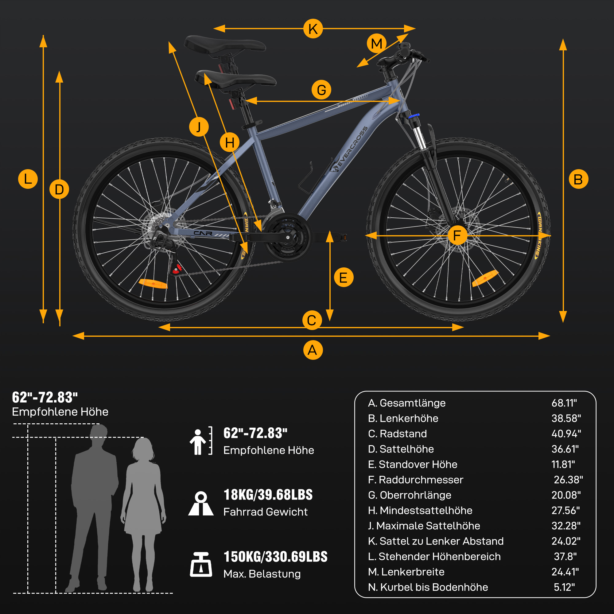 Graues Fahrrad mit Maßlinien und Größenangaben. Geeignet für 150kg.