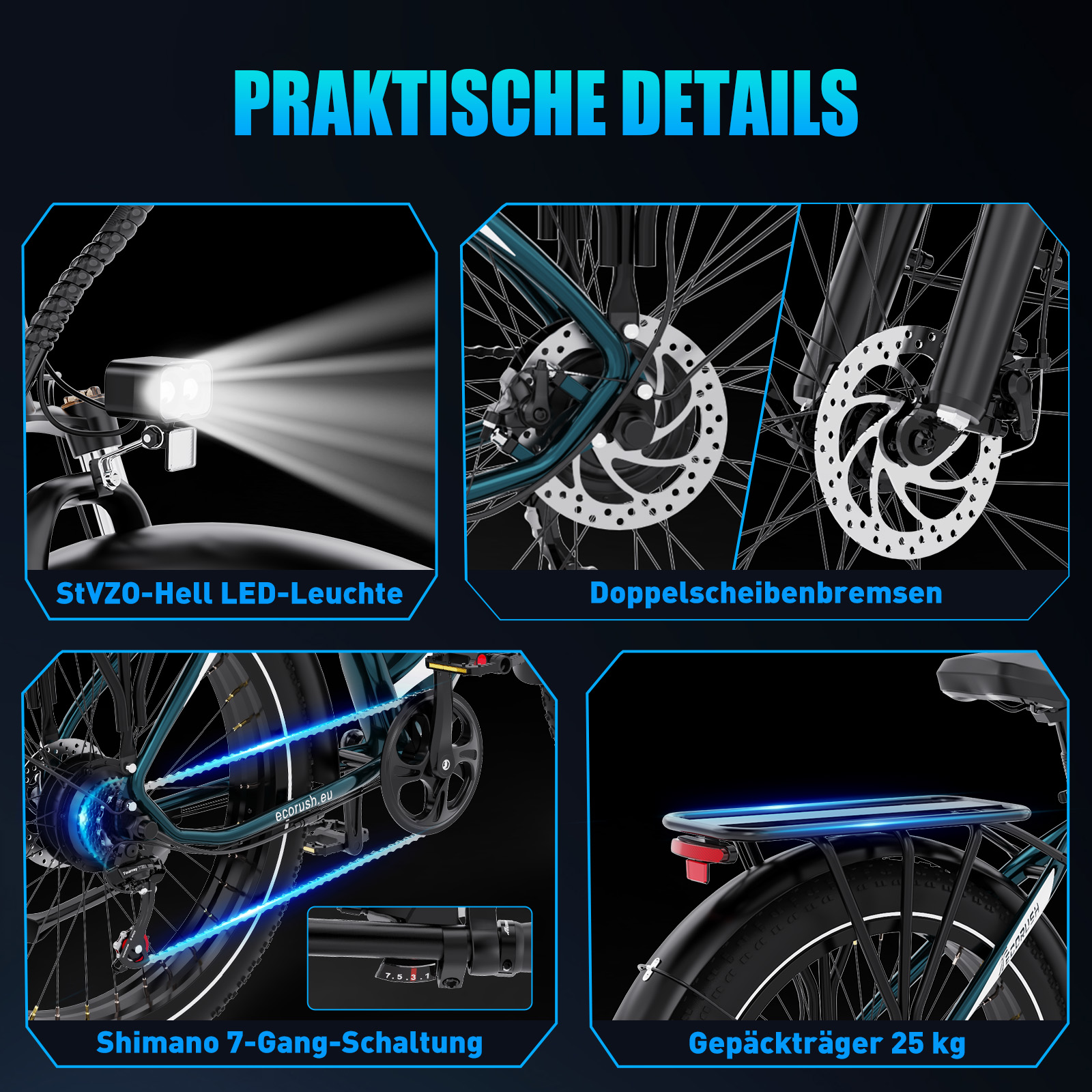 Details eines E-Bikes: LED-Leuchte, Scheibenbremsen, Gangschaltung, Gepäckträger.