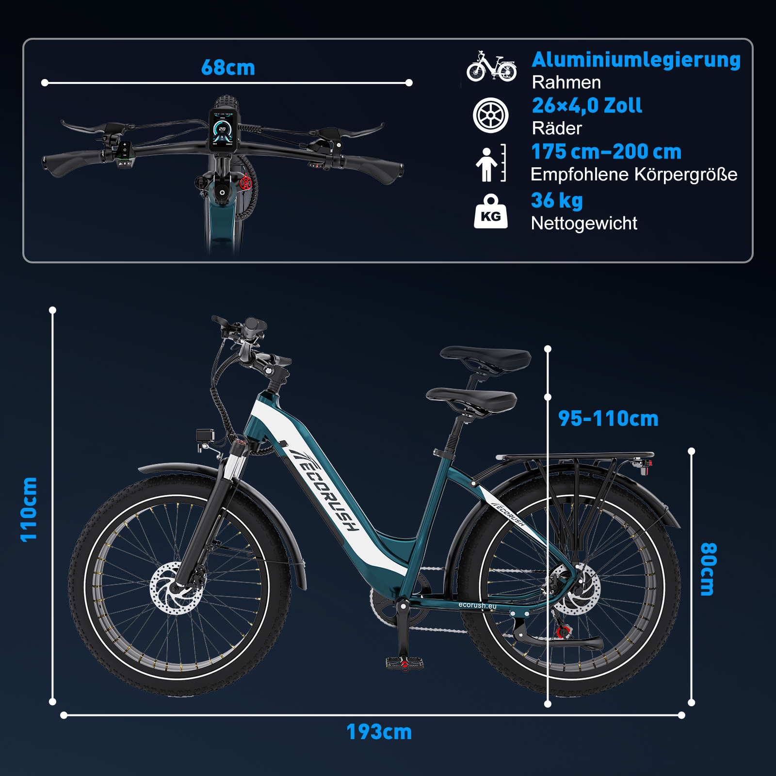 Ein dunkelgrünes E-Bike mit weißen Akzenten, breiten Reifen und Gepäckträger.