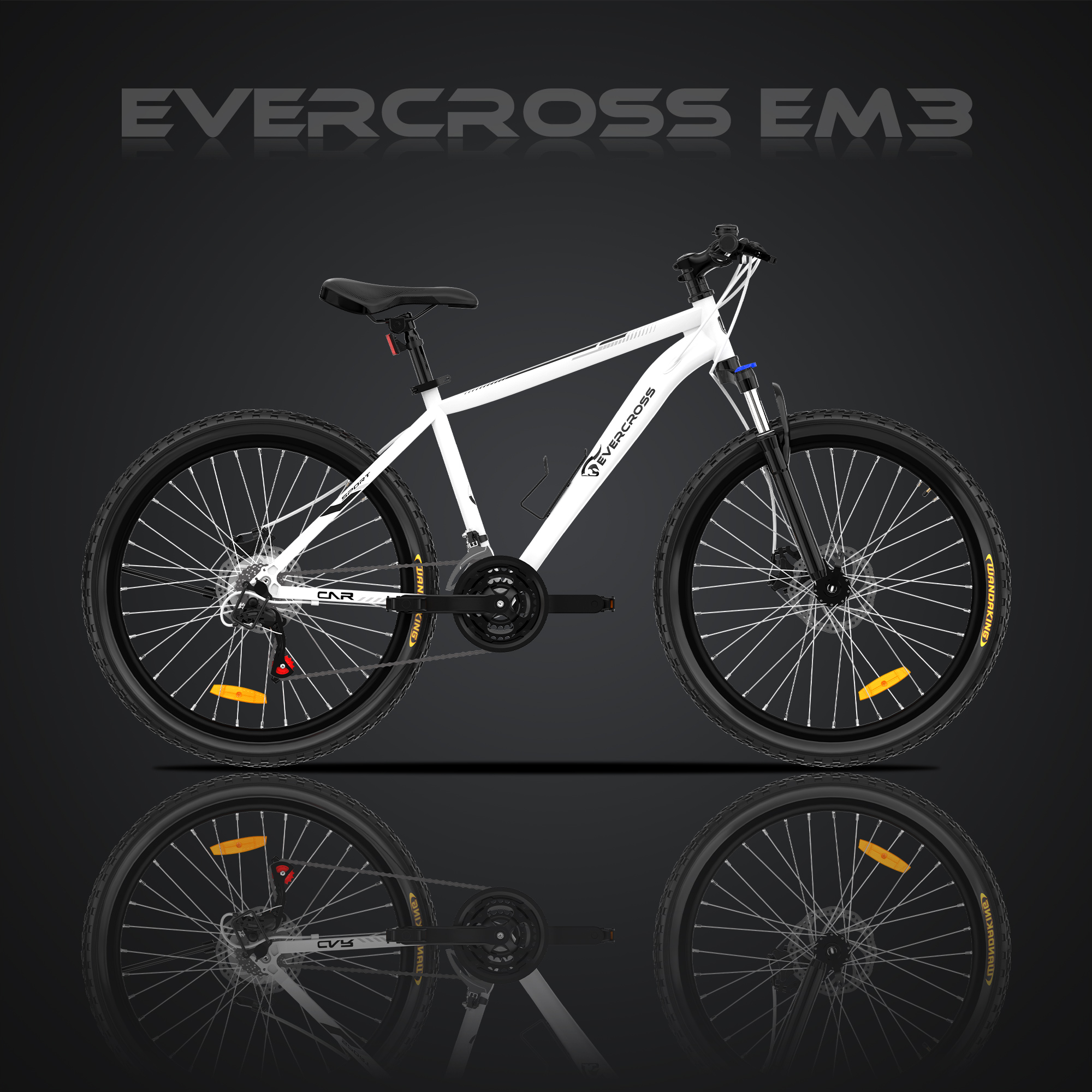 Ein weißes Evercross EM3 Mountainbike mit schwarzen Reifen und Felgen.