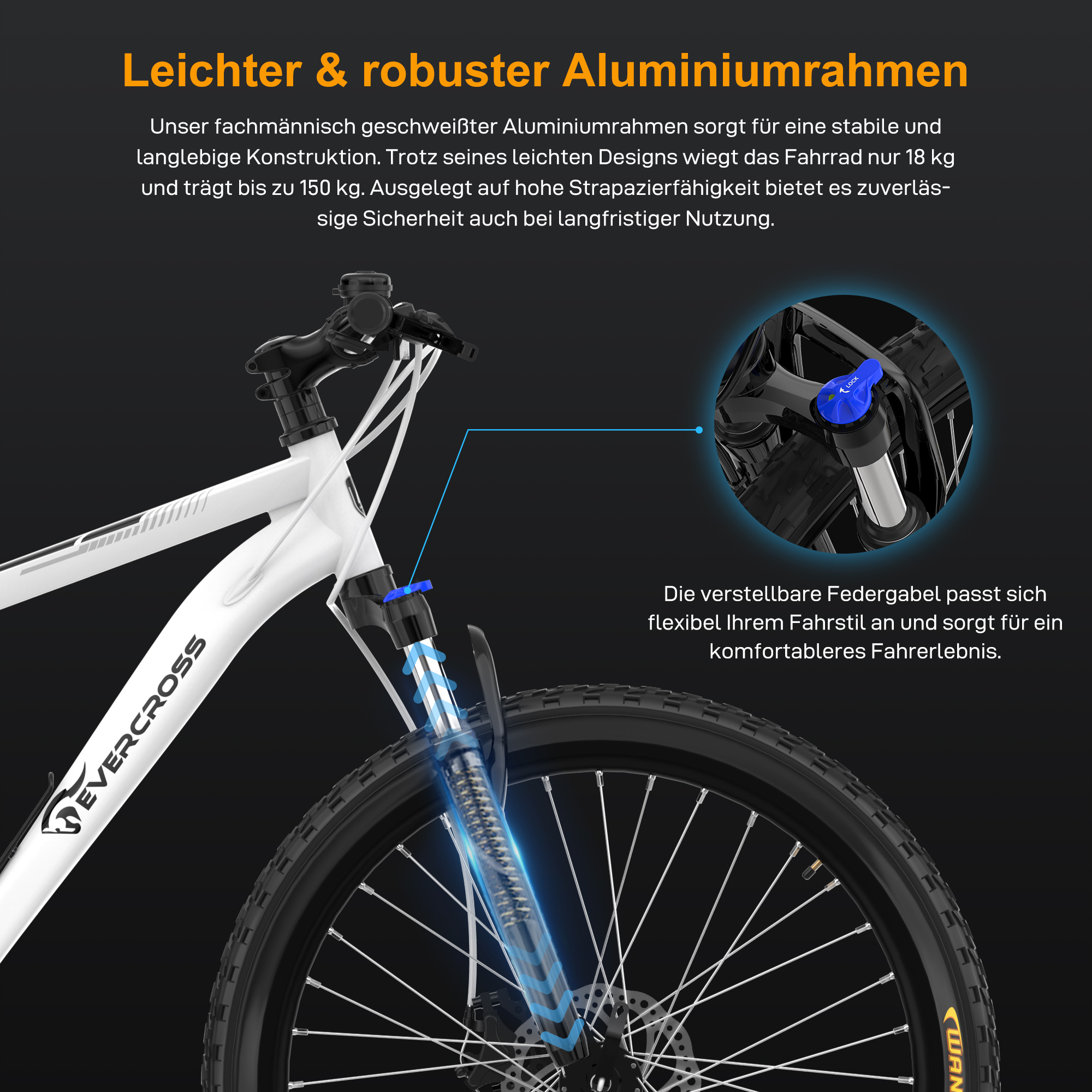 Ein weißes Fahrrad mit Fokus auf den Aluminiumrahmen und die Federgabel.
