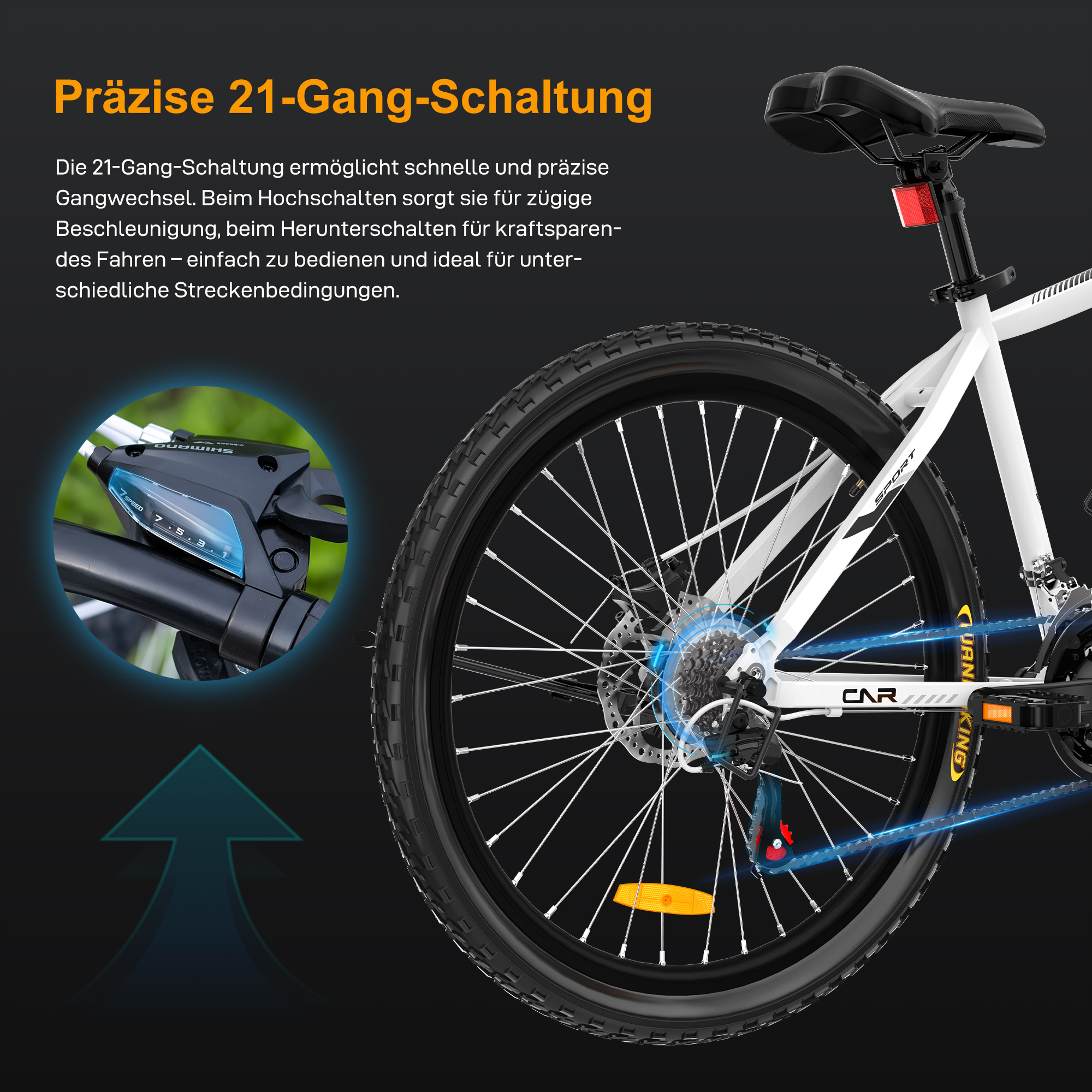 Detailansicht eines weißen Fahrrads mit 21-Gang-Schaltung und Shimano-Schalthebel.
