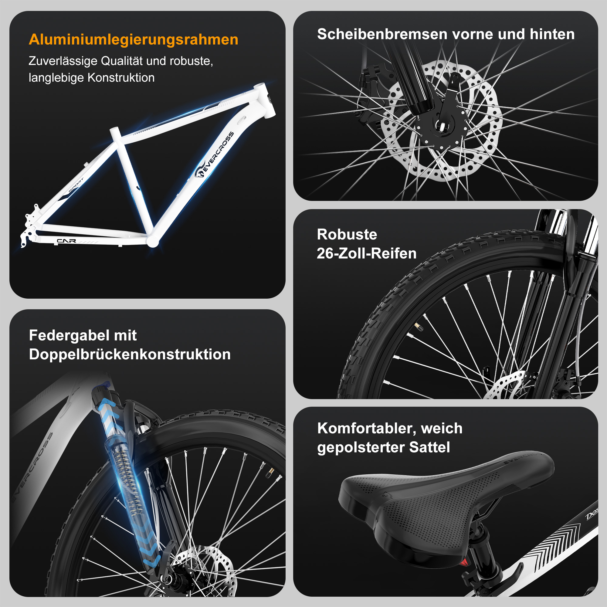 Details eines weißen Fahrradrahmens, Scheibenbremsen, Reifen, Gabel und Sattel.