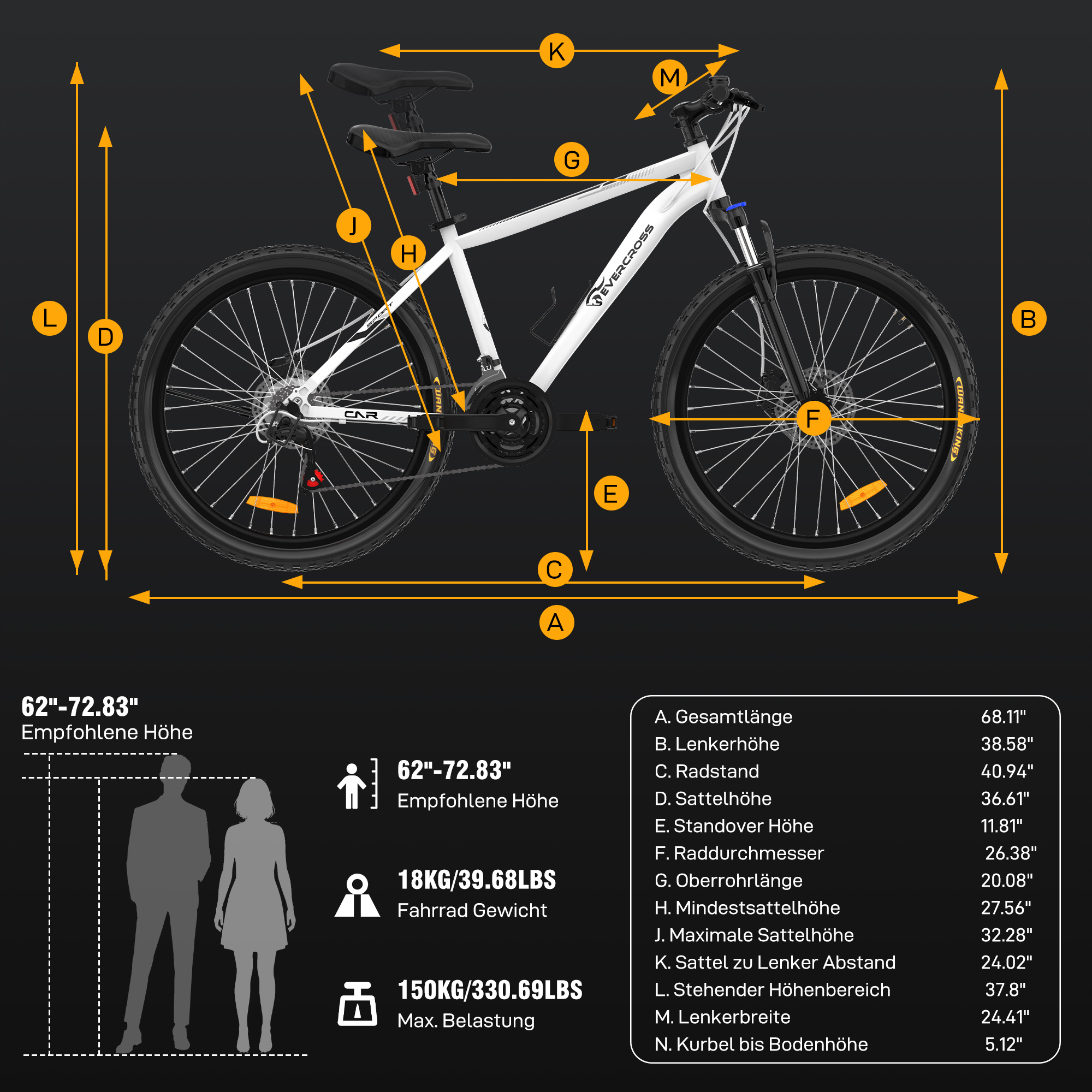Ein weißes Fahrrad mit Maßangaben und technischen Details.
