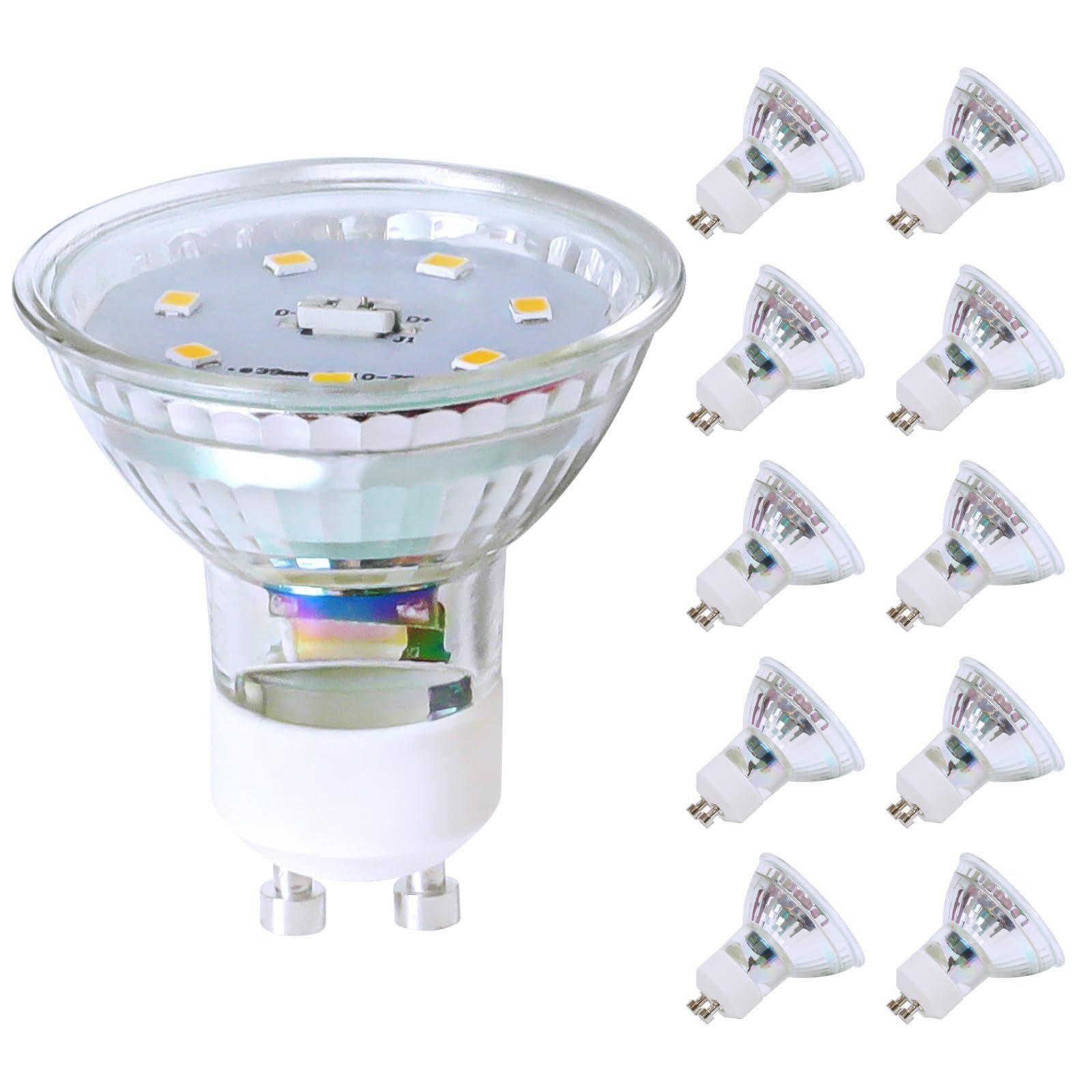 Una lampadina LED con riflettore in vetro e nove LED, accanto altre nove lampadine.
