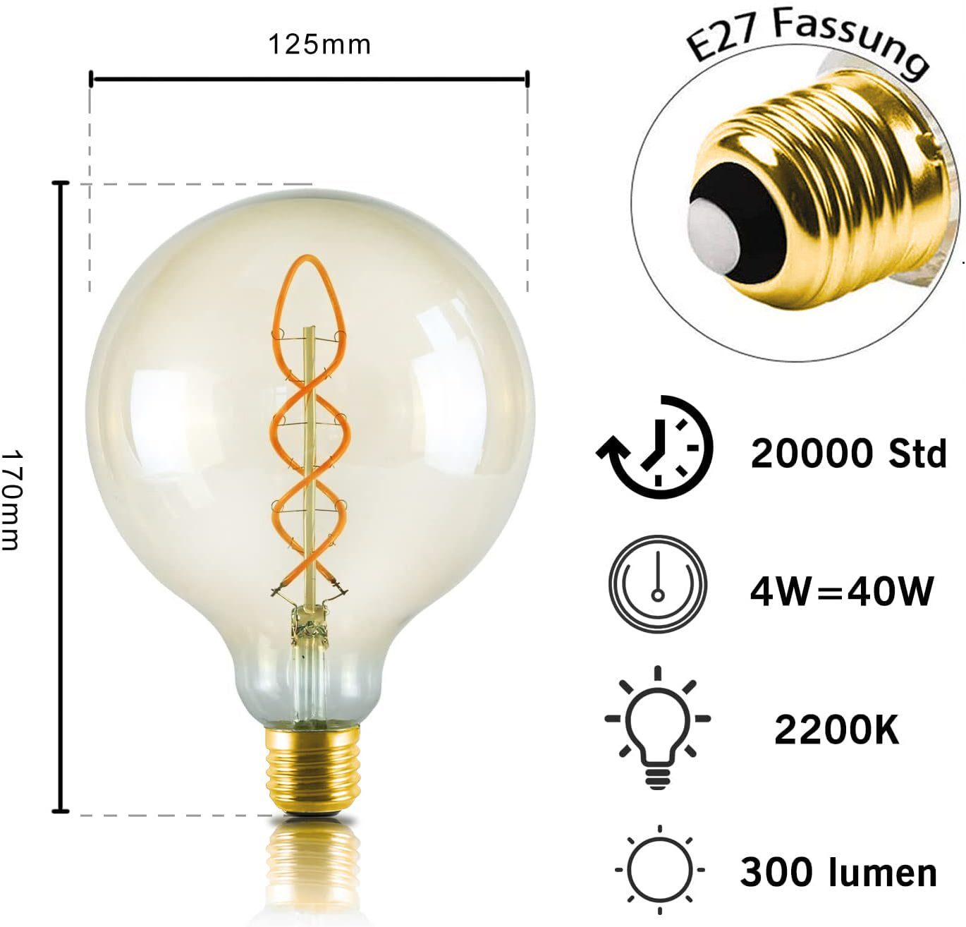 Una lampadina Edison ambrata alta 170 mm con base E27.